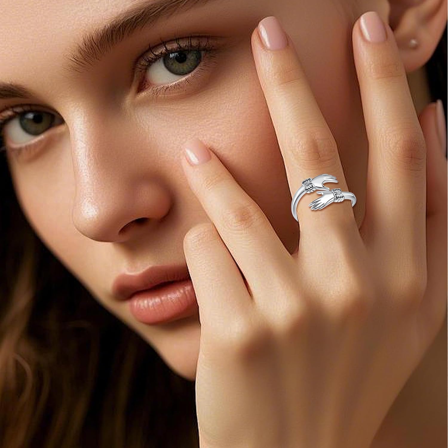 925 Sterling Silver Hug Rings for Women: Adjustable Hugging Hands Ring - Christmas Valentine's Day Jewelry Birthday Gifts for Granddaughter Daughter Mom Sister Friends