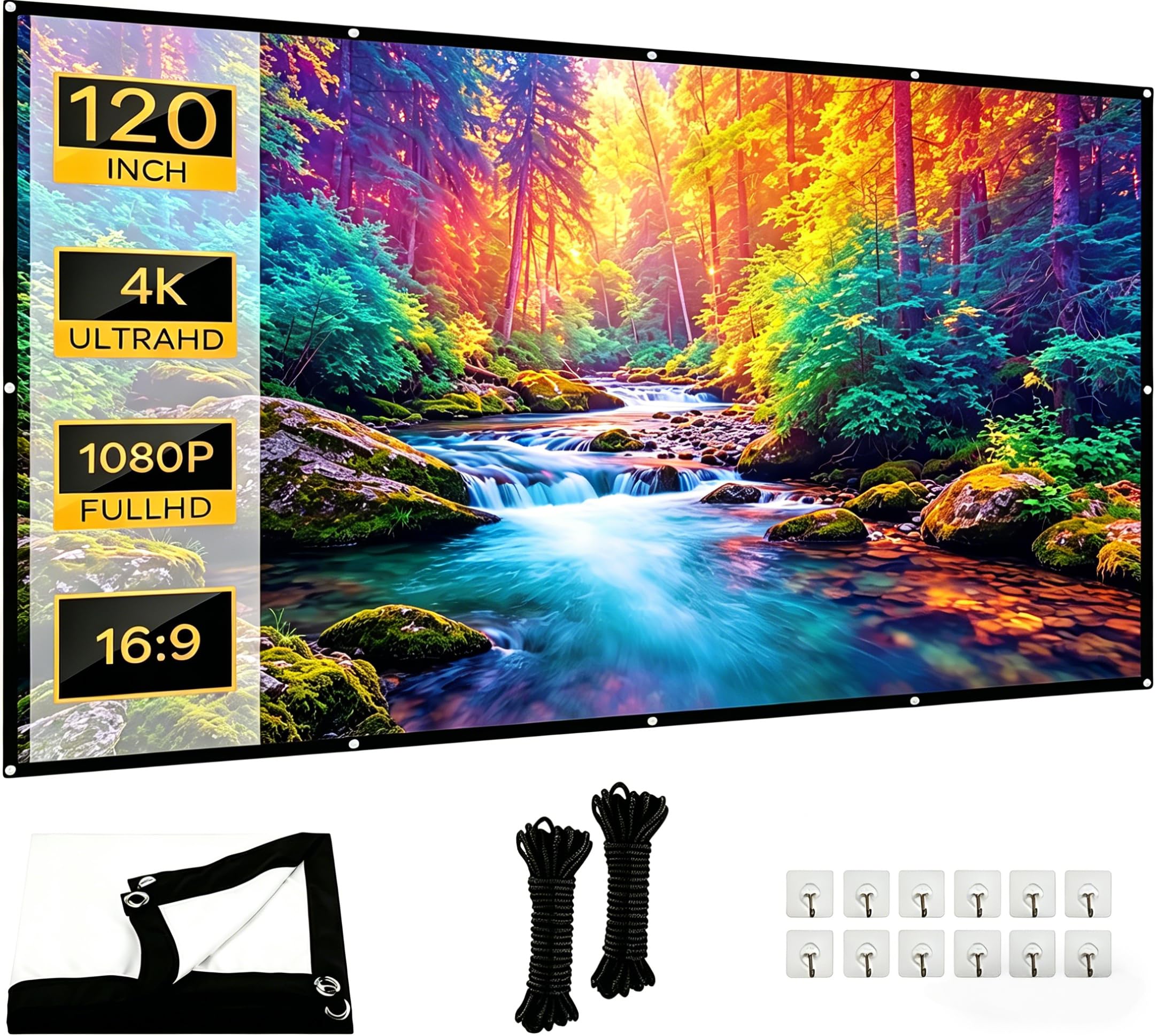Pantalla Proyector 120 Pulgadas 16:9,4K Full HD Doble Cara Antiarrugas,Plegable Portátil Lavable Tela Proyector para Exterior/Interior,Hogar,Cine en Casa,Fiestas y Uso Comercial