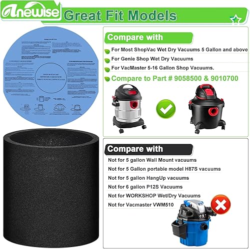 Miniatura 2 de Paquete de 6 filtros de disco de papel seco 90107 y 3 filtros de manga de espuma 90585 para aspiradora húmedaseca para Vacmaster para aspiradora