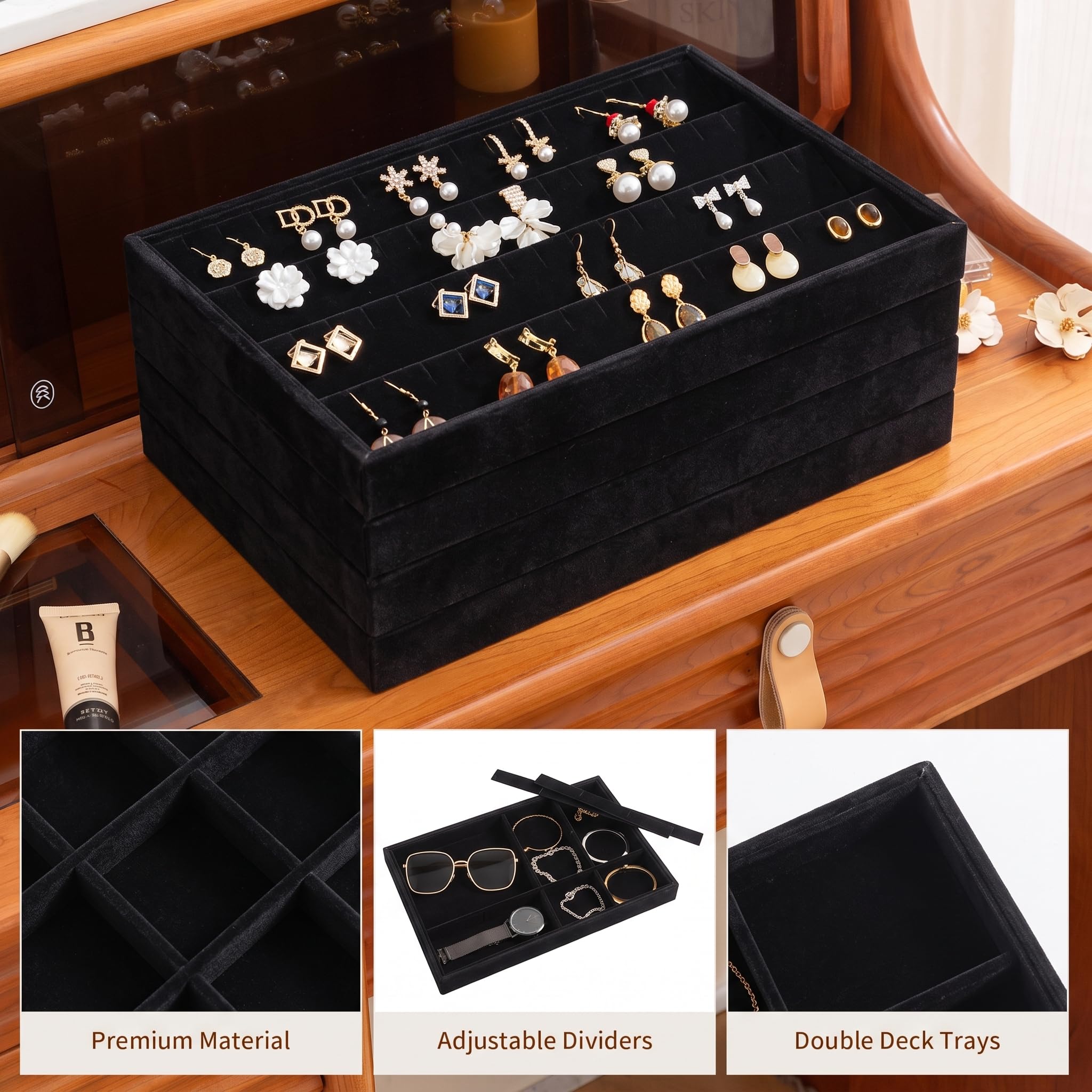 Frebeauty Stackable Velluto Gioielli Organizzatore Vassoi per Cassetti Inserti Gioielli Storage Vassoio Display Caso, Orecchini Stud Bracciali Collana Anelli Accessori Vassoi per Donne(Set di 4,Nero)