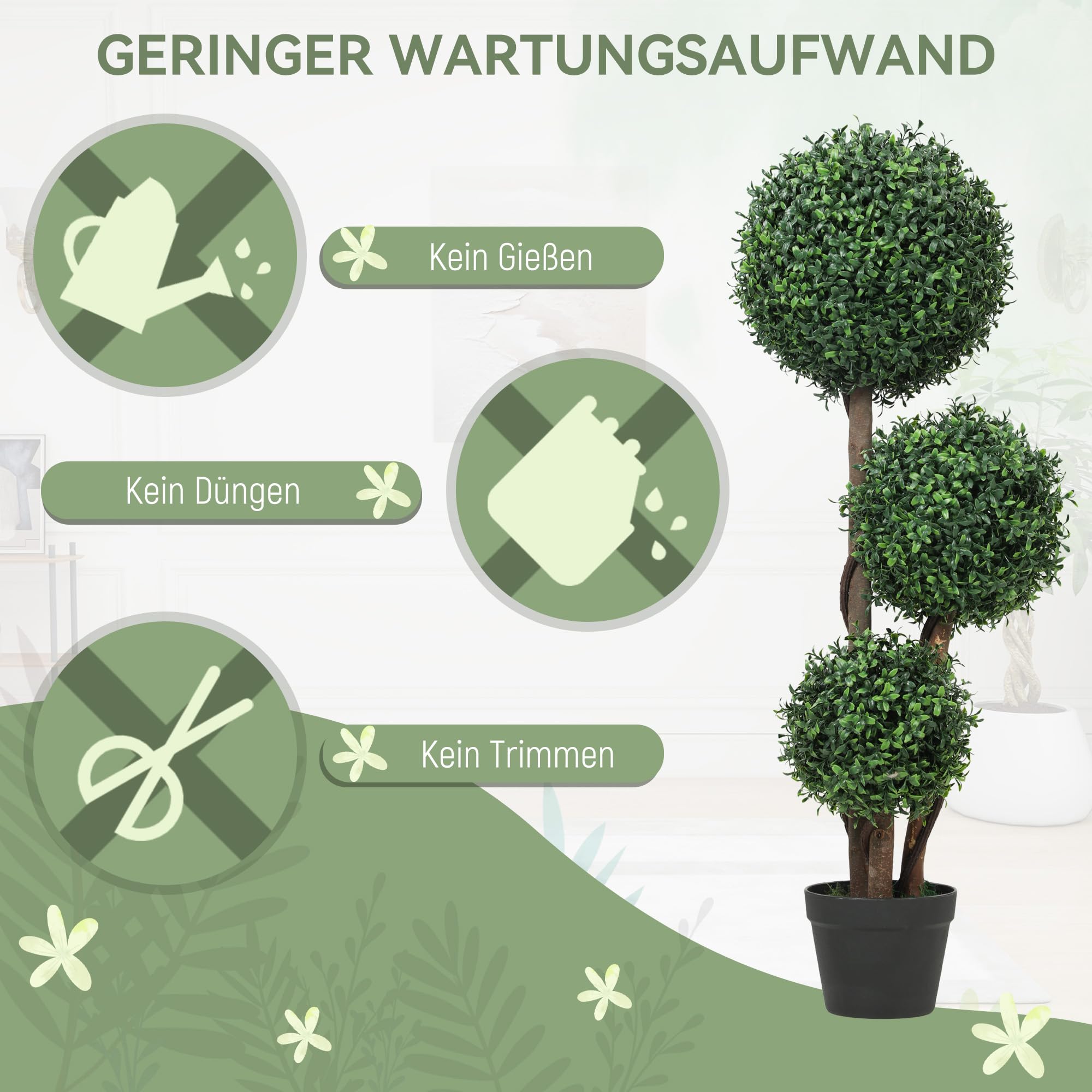 HOMCOM Künstliche Buchsbaumkugel groß 100cm dreikugelig Kunstpflanze mit UV-Schutz, Plastik Künstliche Pflanze mit Holzstamm im Topf, Fake Plant wie echt für Wohnzimmer Schlafzimmer Büro Garten