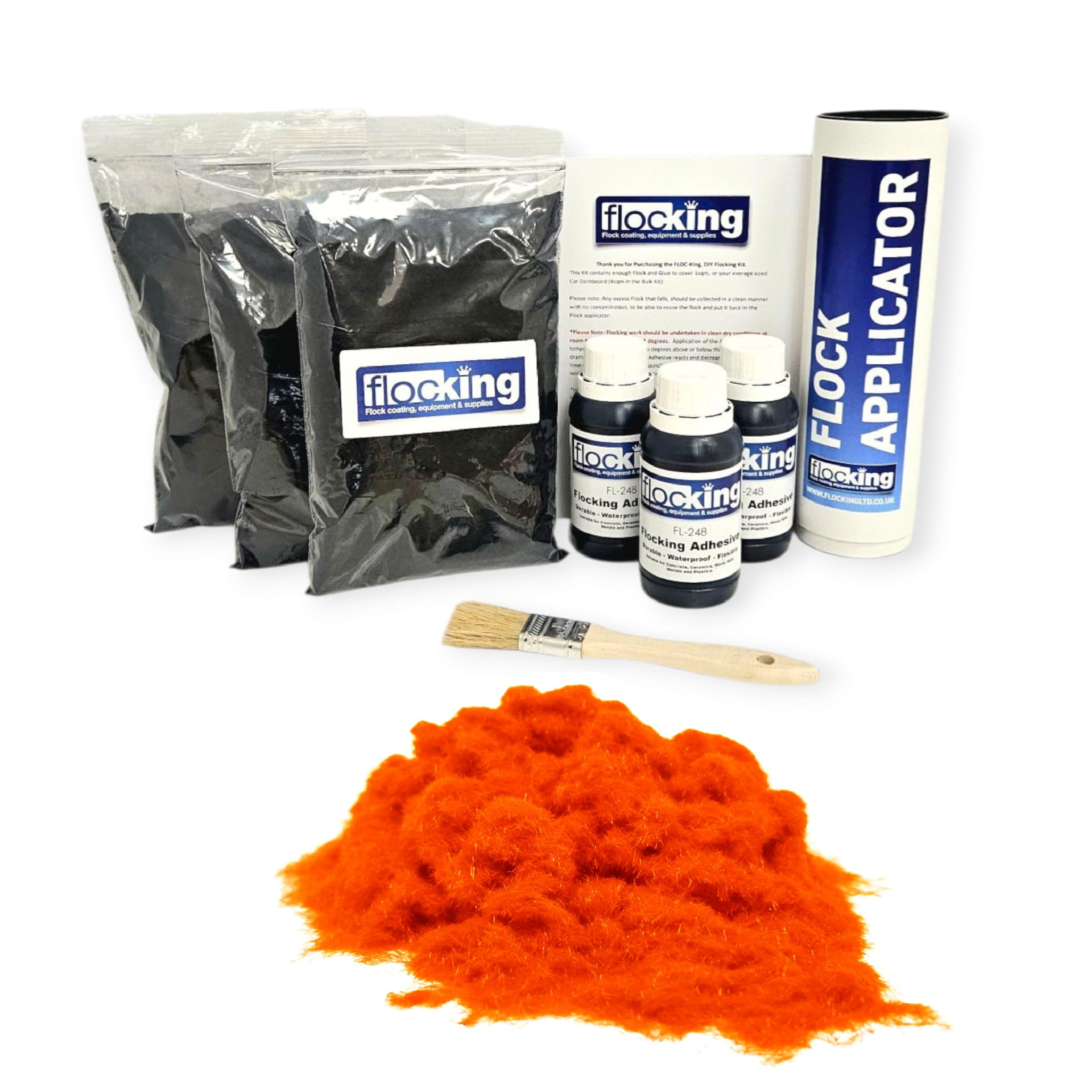FLOC-KING Triple Flocking Kit for Car Dashboards & Interiors - Professional DIY Flock Application Set - Includes 3sqm Nylon Fibres, Adhesive & Applicator (Fluorescent Orange)