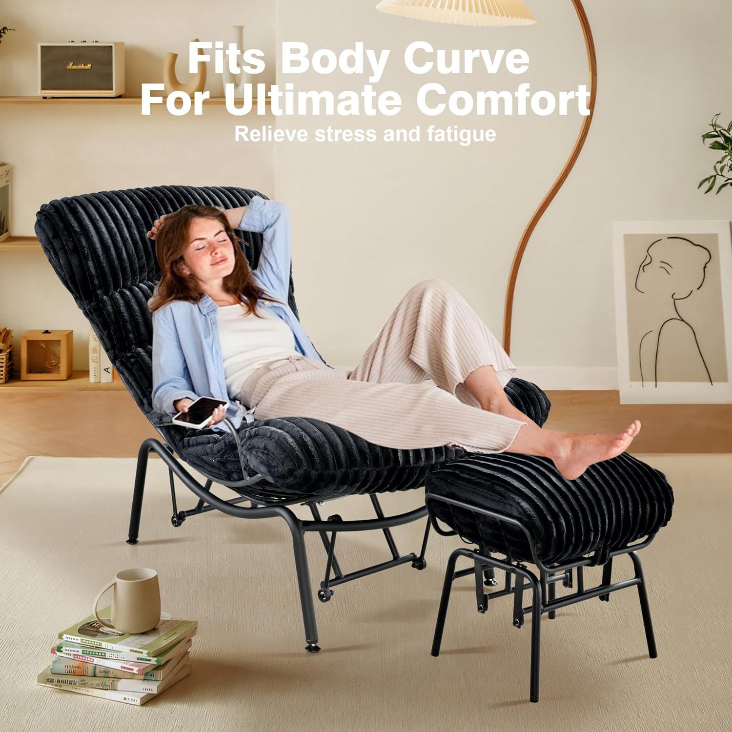 ovios Glider Rocking Chair with Ottoman, Mid-Century Modern Recliner Chair with Footrest, Comfy Gliding Rocker Lazy Accent Armchair for Living Room Bedroom, Cloud Plush Corduroy, Black