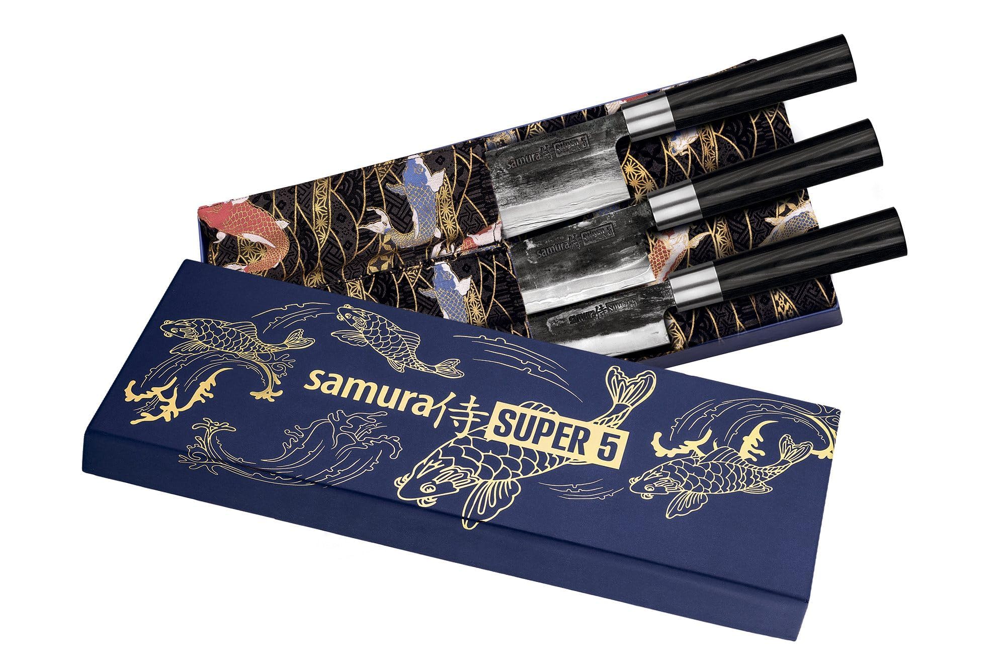 Samura Super 5 Set 3 Coltelli da Cucina Giapponesi Nakiri Santoku Filettare