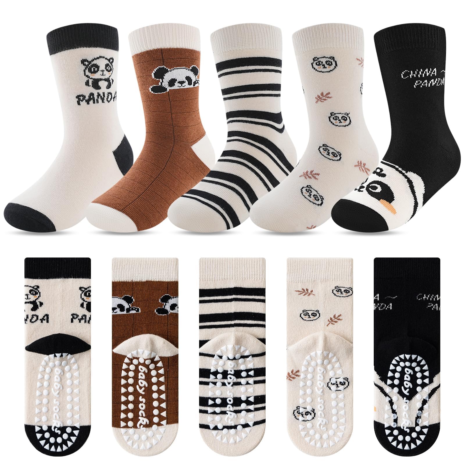 Kyopp 5 Paar Stoppersocken Kinder Baumwolle Socken Jungen Mädchen ABS Anti Rutsch Socken Tiermotive 25-37EU（ABS-Panda L）
