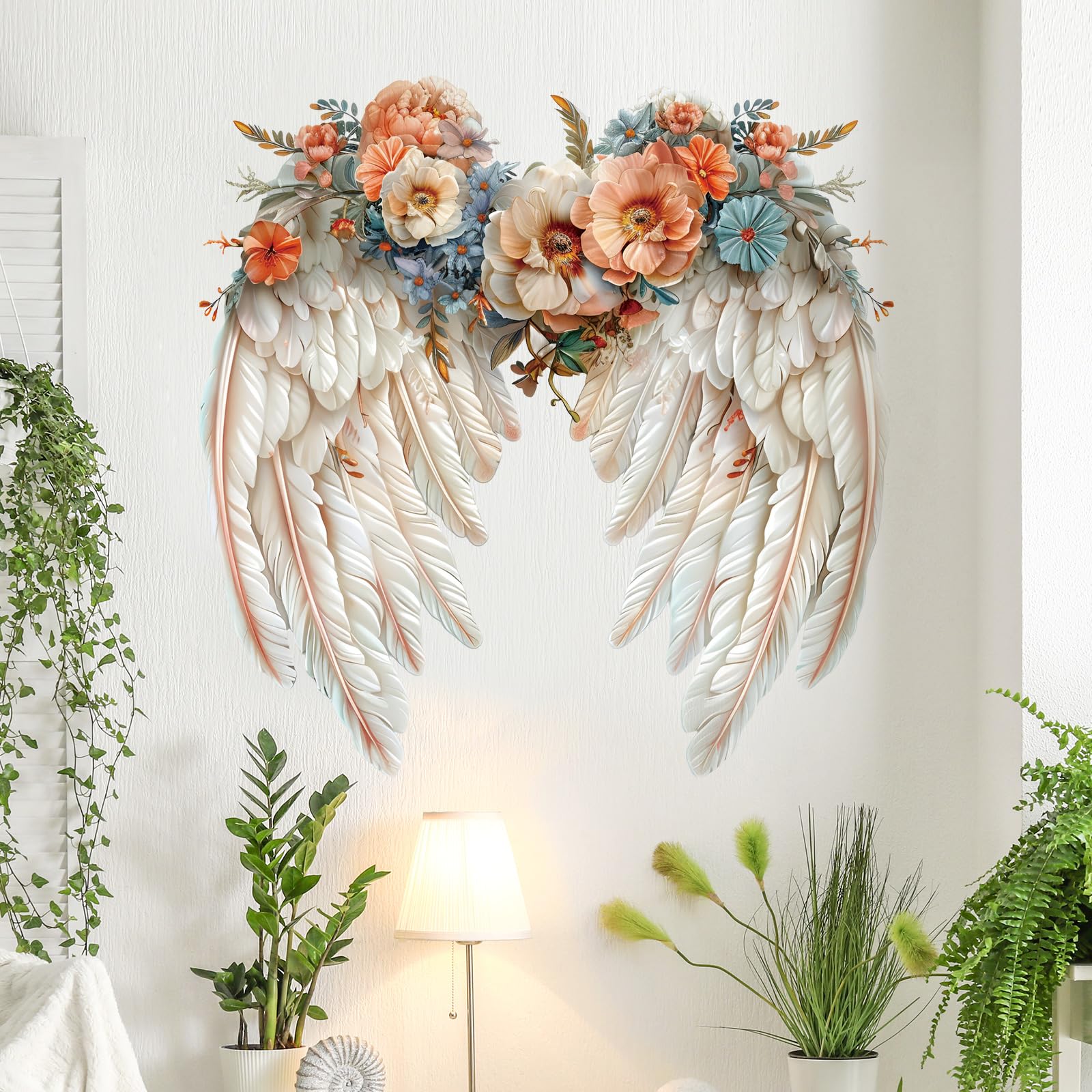 DRWSSR Angel Wings Wall Decals Large Colorful Flower and Wings Wall Decals Removable DIY Vinyl Fashionable Wall Decor Art Murals for Girls Baby Kids