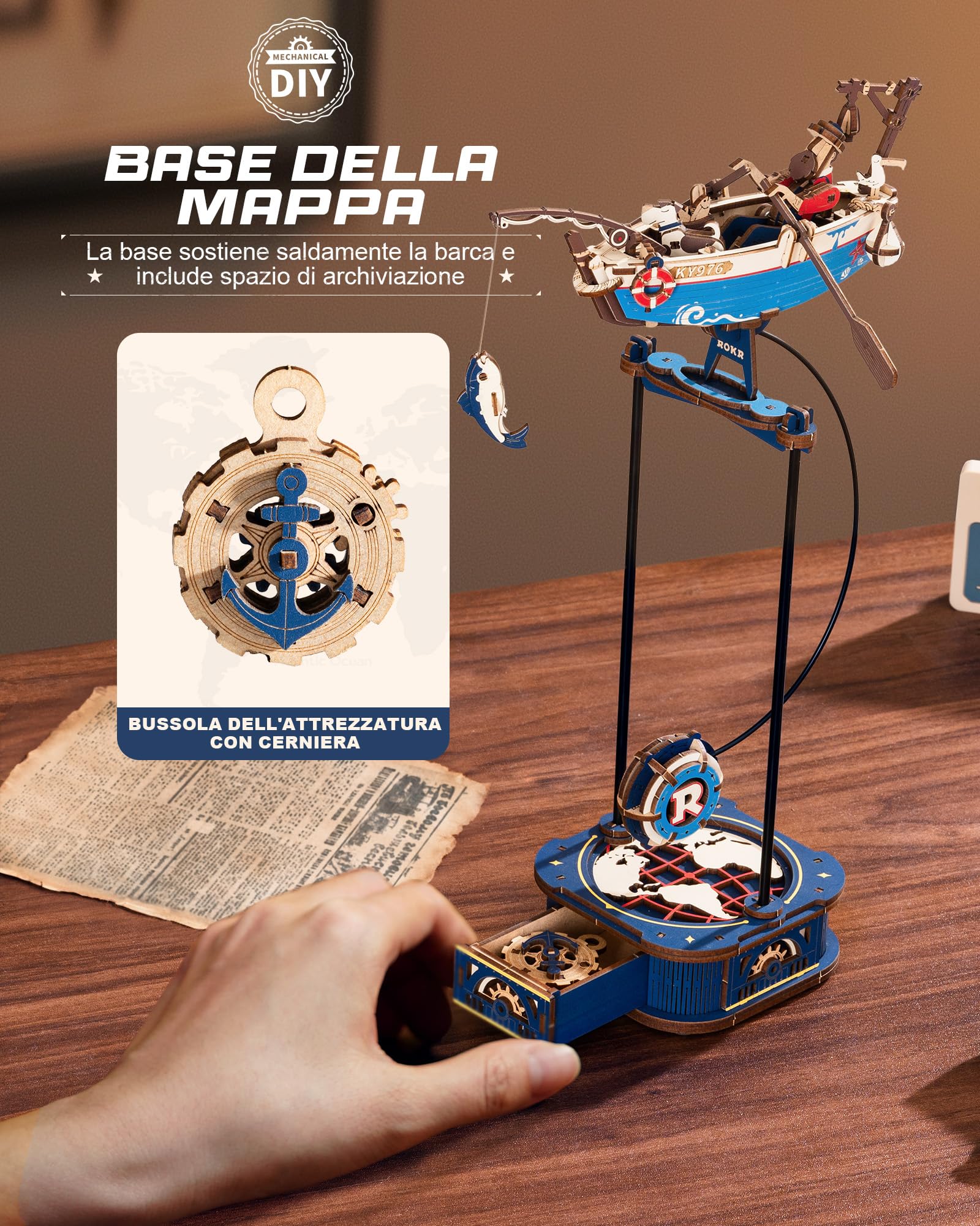 ROKR 3D Puzzle in Legno Barca, Modellismo da costruire Adulti Pescatore Oceanico, Oscillazione Gravitazionale Decorazione, Regali per adulti e bambini, Ocean Fisher MCD02
