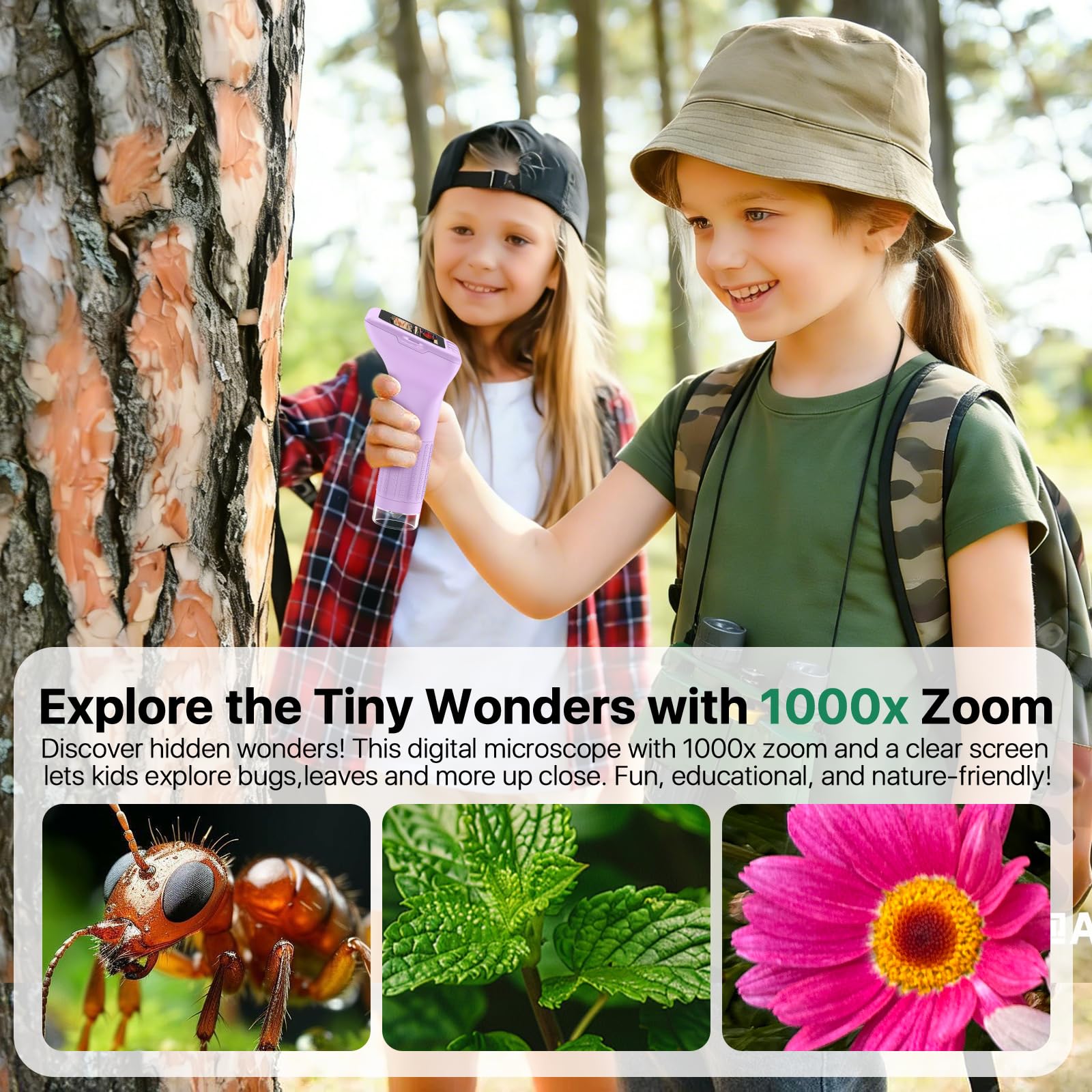 Microscope Enfant Numérique de Poche Portable: 3.0" Grand Écran 1000X 32GB Microscope Rechargeable Kit de Lames Biologiques Loupe Cadeau Scientifique pour Enfants Violet