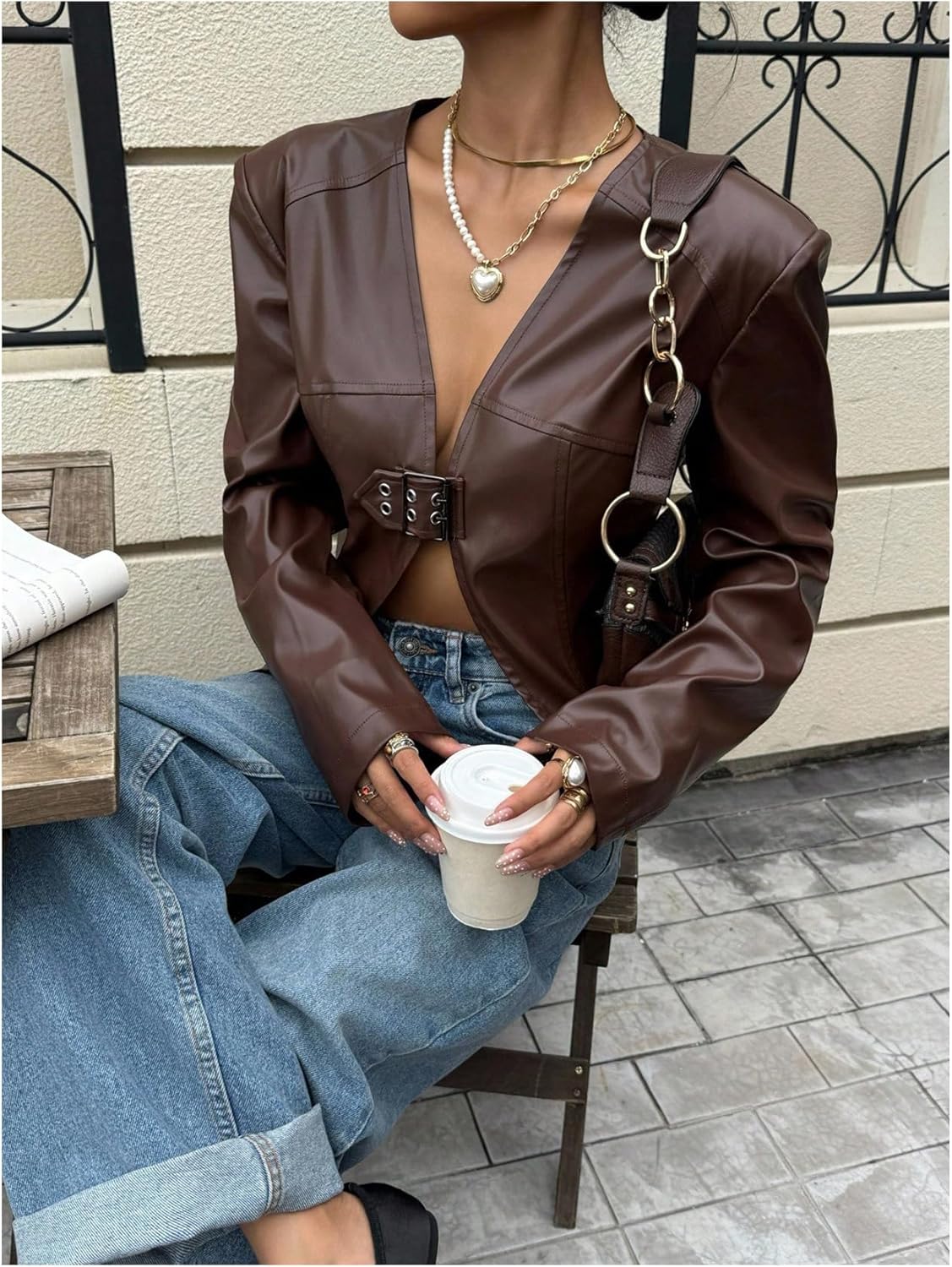 MakeMeChic Women's PU Leather Jacket V Neck Long Sleeve Coats Fall Outerwear with Belt - Image 4