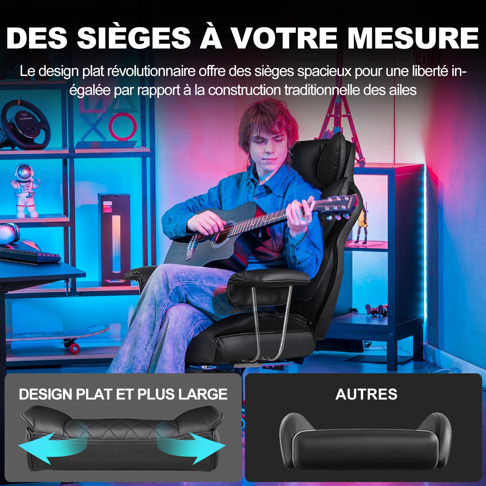 GTPLAYER Chaise Gaming, Bureau Soutien Lombaire Ressorts, siège Large accoudoirs Souple, Repose-Pieds, Hauteur réglable, Supporte 180 kg, Noir