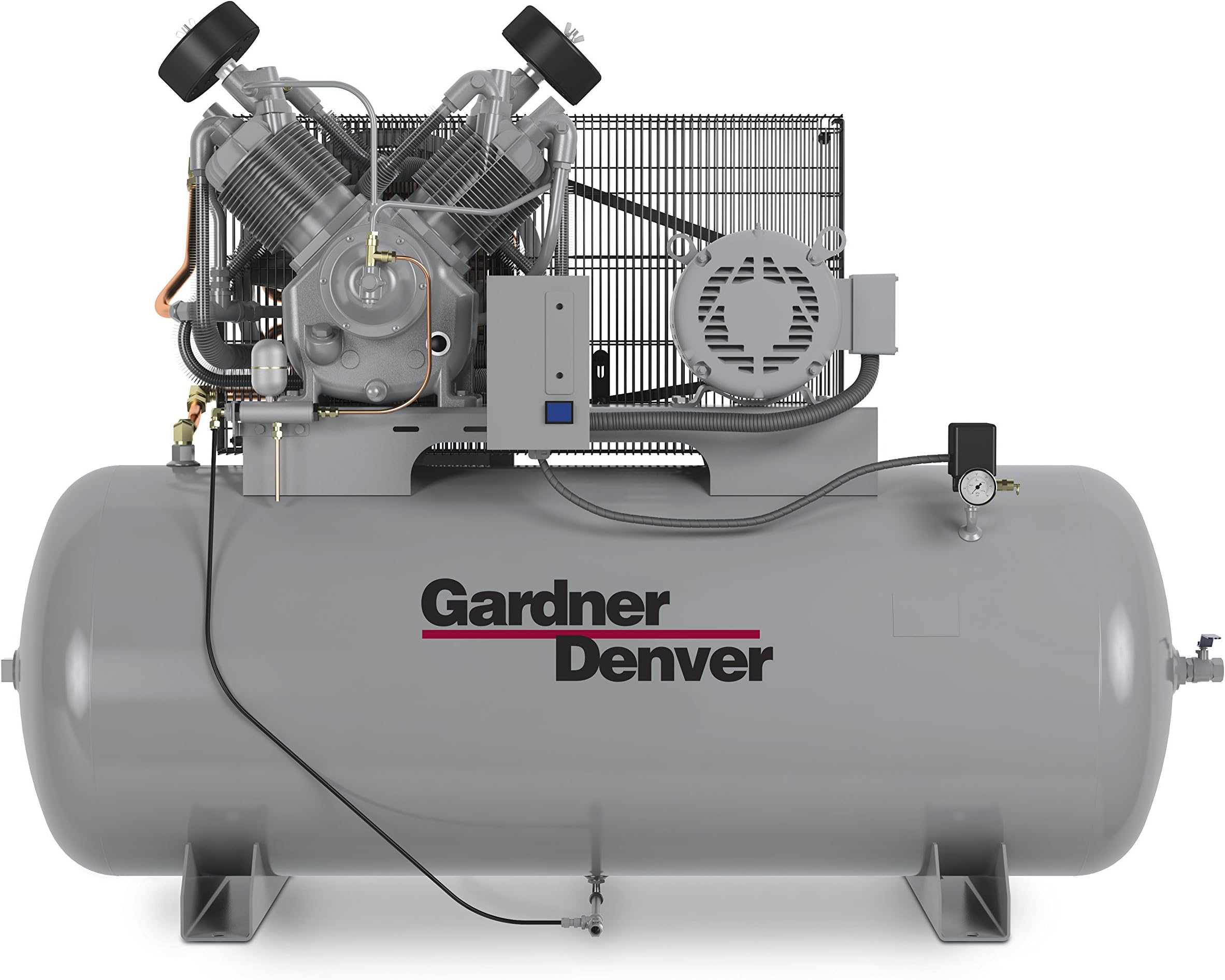 Gardner Denver Reward Series 10 HP Reciprocating Compressor 208V/3 Phase Mounted on a 120 Gallon California Coded Vertical Tank, 34.8 CFM Maximum Flow Rate