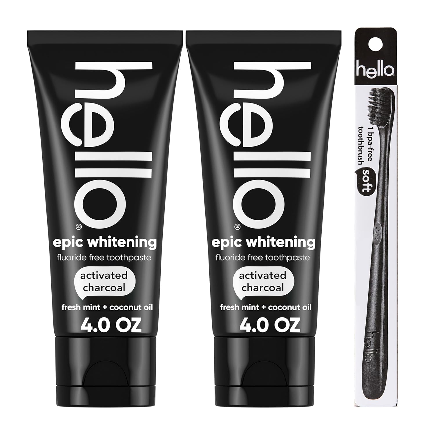 Hello Activated Charcoal Epic Teeth Whitening Fluoride Free Toothpaste and Toothbrush, Fresh Mint and Coconut Oil, Vegan, SLS Free, Gluten Free and Peroxide Free, 4 Ounce (Pack of 2) Hello Activated Charcoal Epic Teeth Whitening Fluoride Free Toothpaste and Toothbrush, Fresh Mint and Coconut Oil, Vegan, SLS Free, Gluten Free and Peroxide Free, 4 Ounce (Pack of 2)