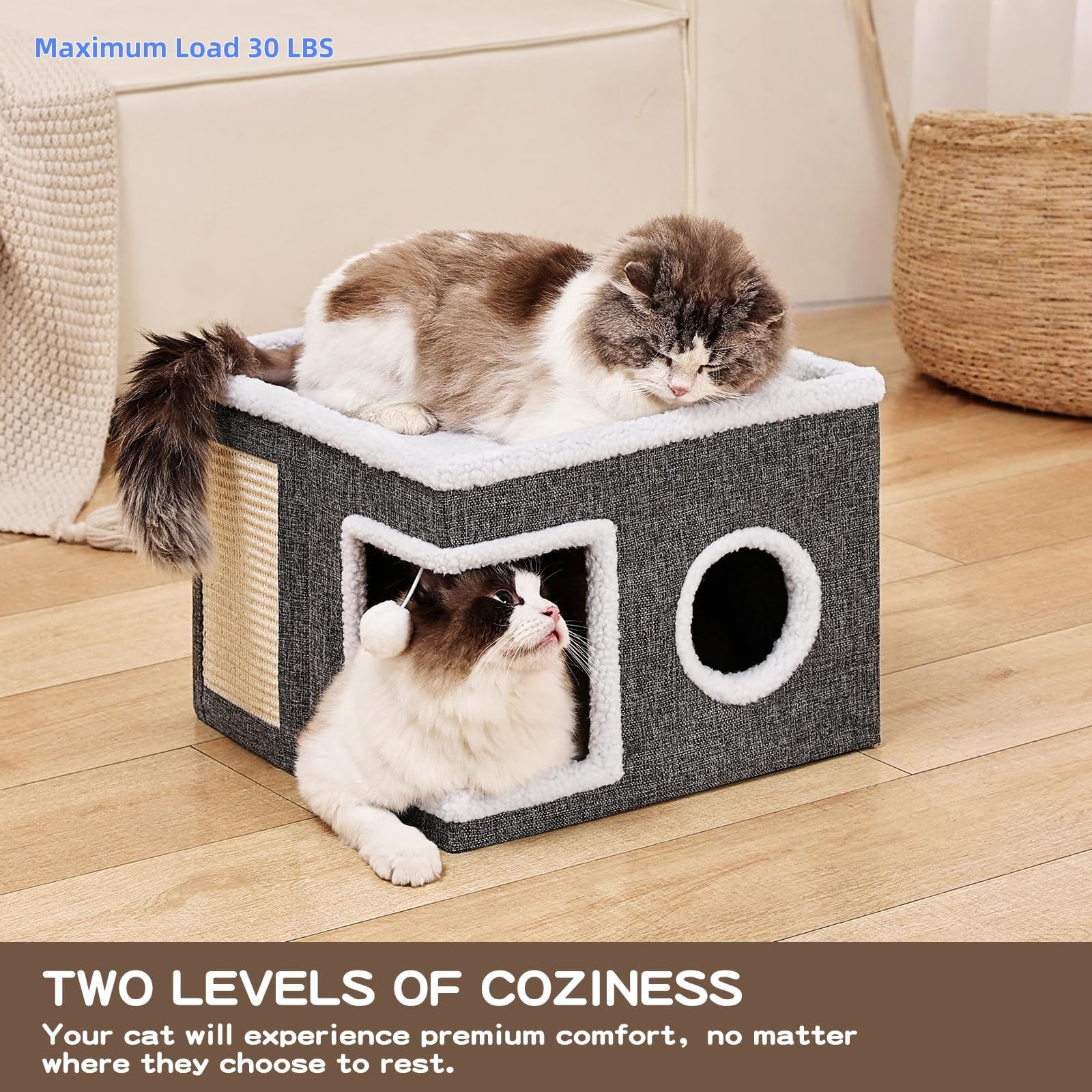 سرير قطط كبير للقطط الداخلية - كهف مريح مع وسادة خدش وكرة منفوشة، منزل قابل للطي للقطط الصغيرة، 39 × 39 × 32 سم، رمادي