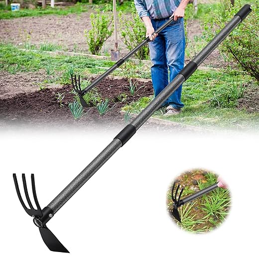 Hoe and Cultivator - 45” Long Handle - Heavy Duty Garden Hoe Tiller, Standing Hoe Garden Tools Durable Cultivator Hoes Hand Rake Fork for Gardening Weeding Planting Loosening Soil