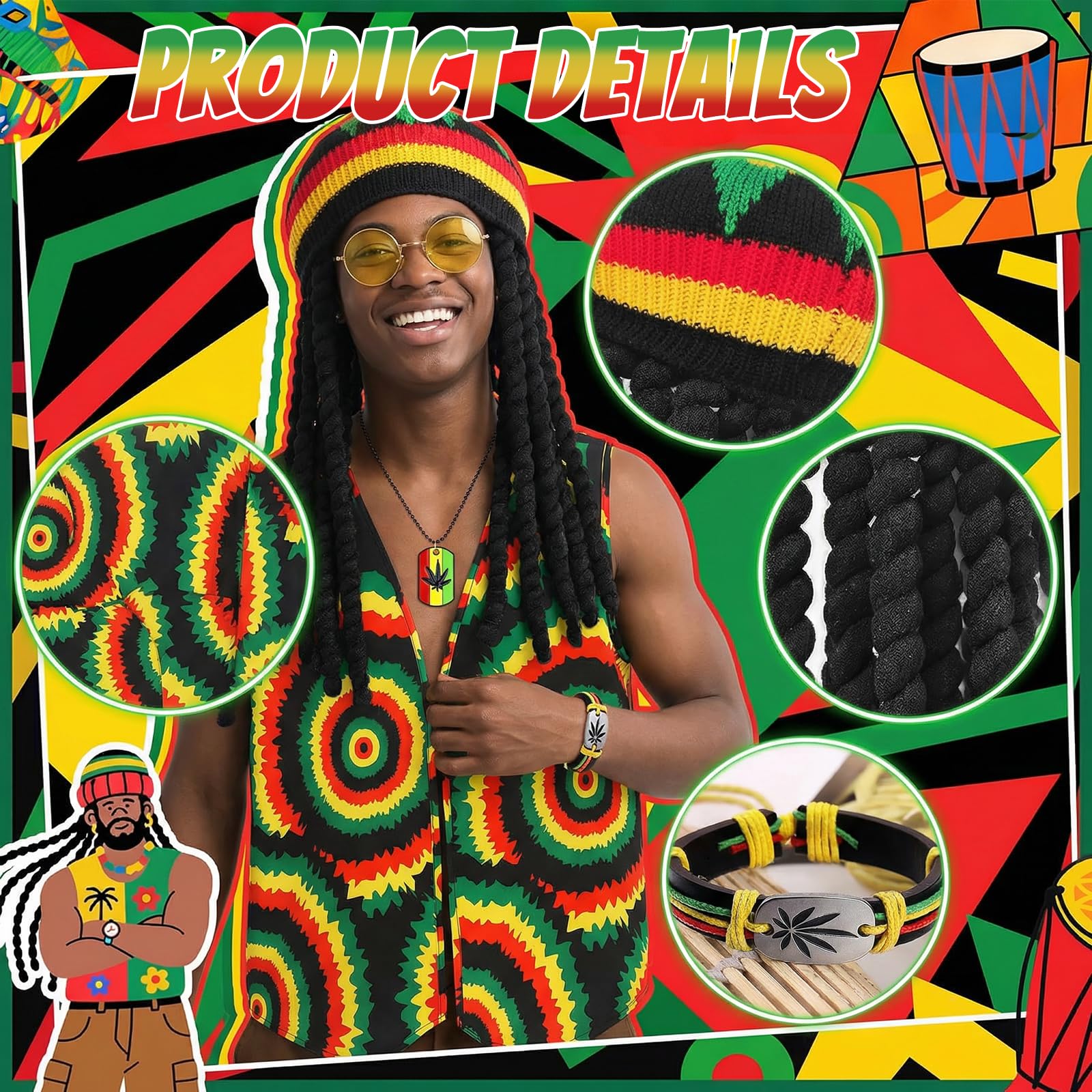 5Pcs Reggae Fancy Dress for Men Jamaican Rasta Costume Accessories Set including Caribbean Vest Rasta Hat with Dreadlocks Glasses Necklace Bracelet for Women Carnival Masquerade Halloween Cosplay Party - Image 3