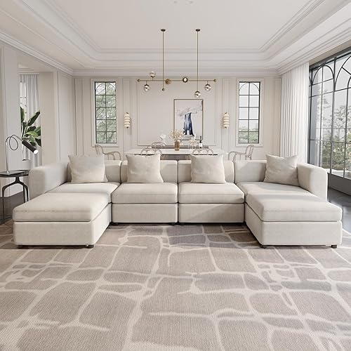 Miniatura 10 de Guyii Sofá modular de terciopelo, moderno sofá de 4 plazas de gran tamaño con 5 almohadas y reposapiés de almacenamiento, sofá convertible con