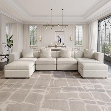 Guyii Velvet Sectional Sofa, Oversized 6-Seater L-Shaped Sofa with Storage Ottoman & 4 Pillows, U-Shaped Convertible Couch, 135.8" Long for Living Room & Apartment