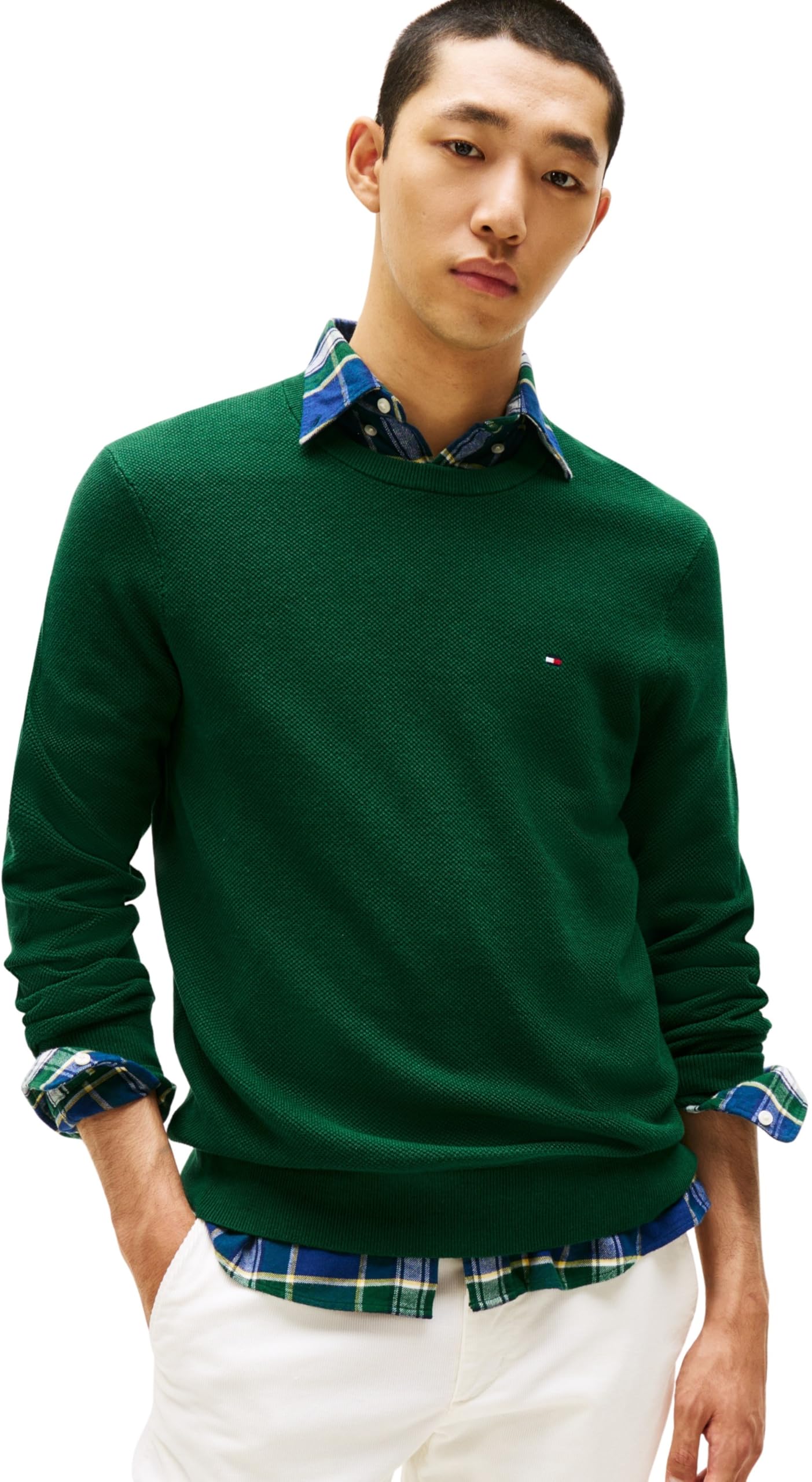 Tommy Hilfiger Green Flag Embroidery Textured Crew Neck Jumper - Xl