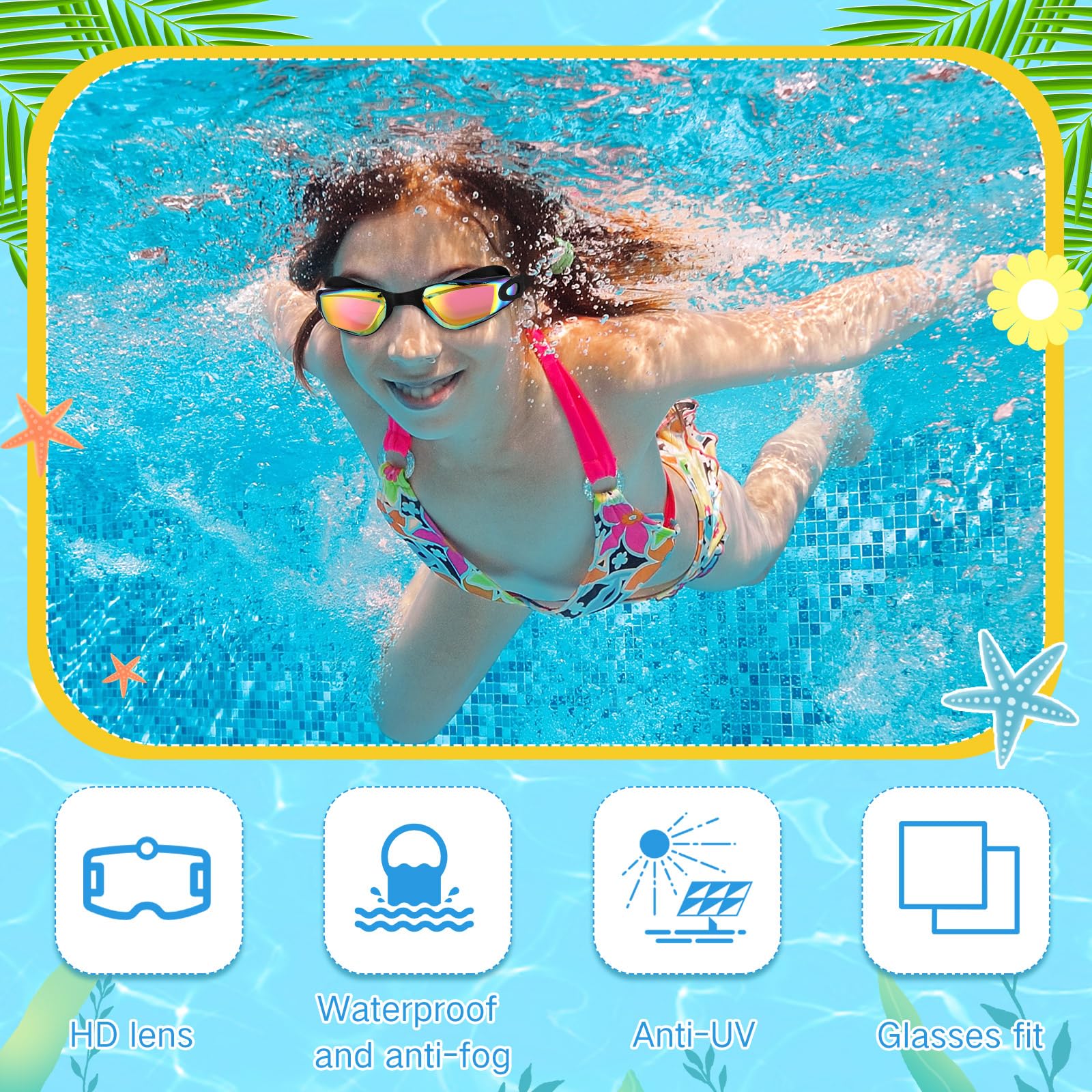 Flutesan Schwimmbrille aus Silikon, Anti-Beschlag-Schwimmbrille mit Nasenklammer, Ohrstöpsel, für Erwachsene und Kinder, 3 Farben, 3 Stück