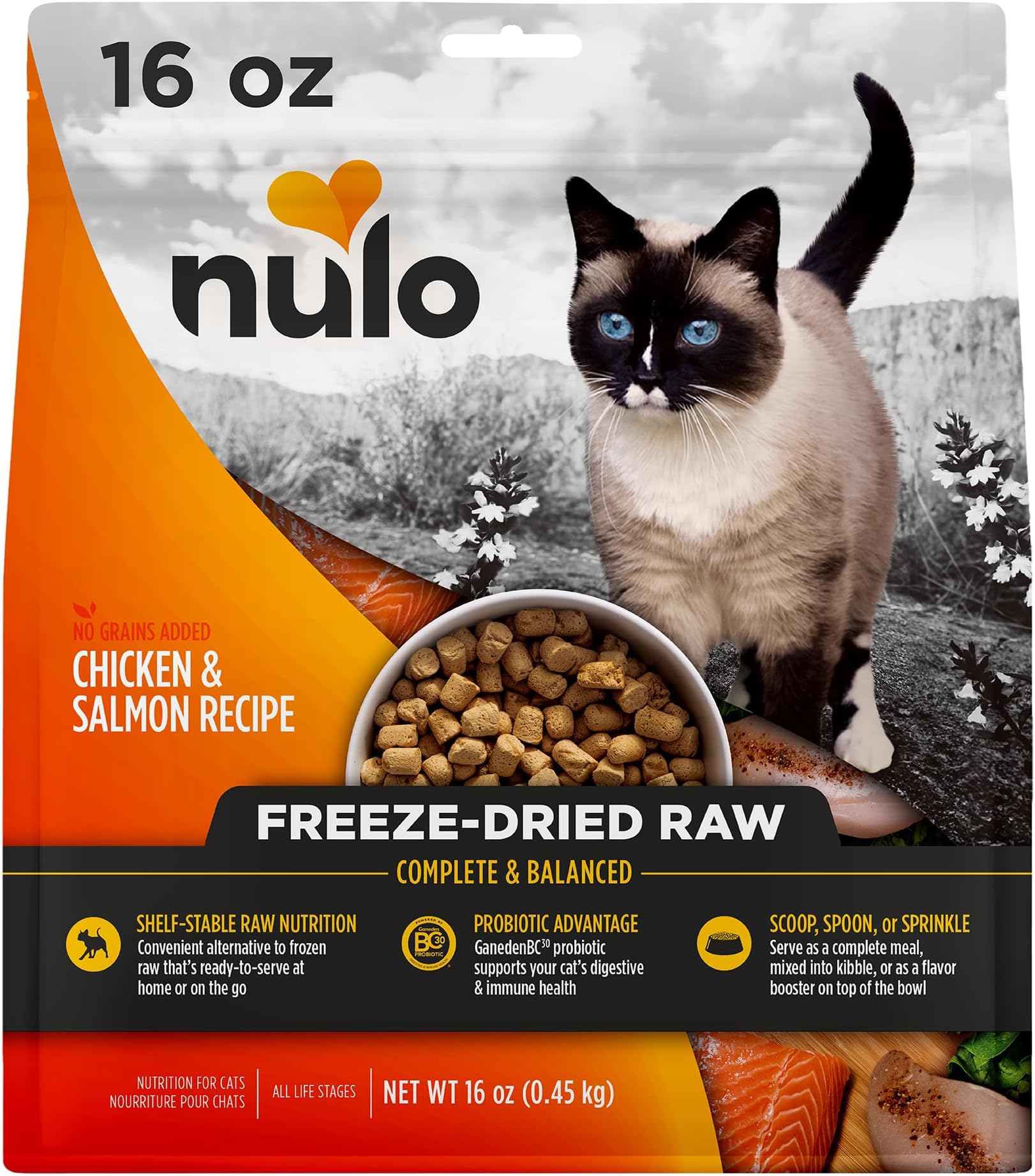 Nulo Freestyle Freeze-Dried Raw, Ultra-Rich Grain-Free Dry Cat Food for All Breeds and Life Stages with BC30 Probiotic for Digestive and Immune Health, Chicken & Salmon, 16 Ounce