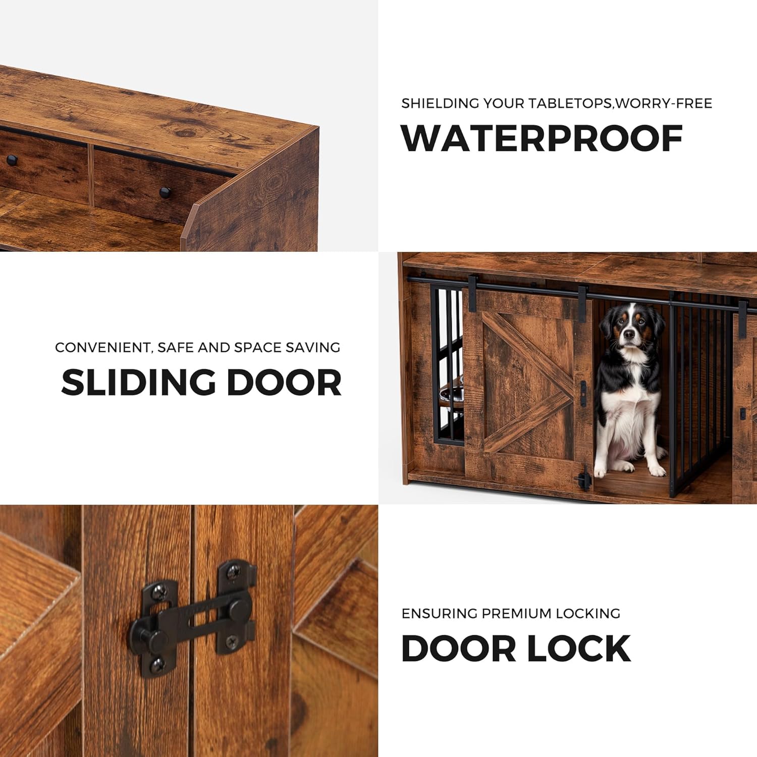 63" Double Dog Crate Furniture – Wooden Dog Kennel Indoor with Sliding Doors, Adjustable Bowls & Storage Drawers – Large Dog Crate TV Stand for 2 Dogs, Burnt Wood Color