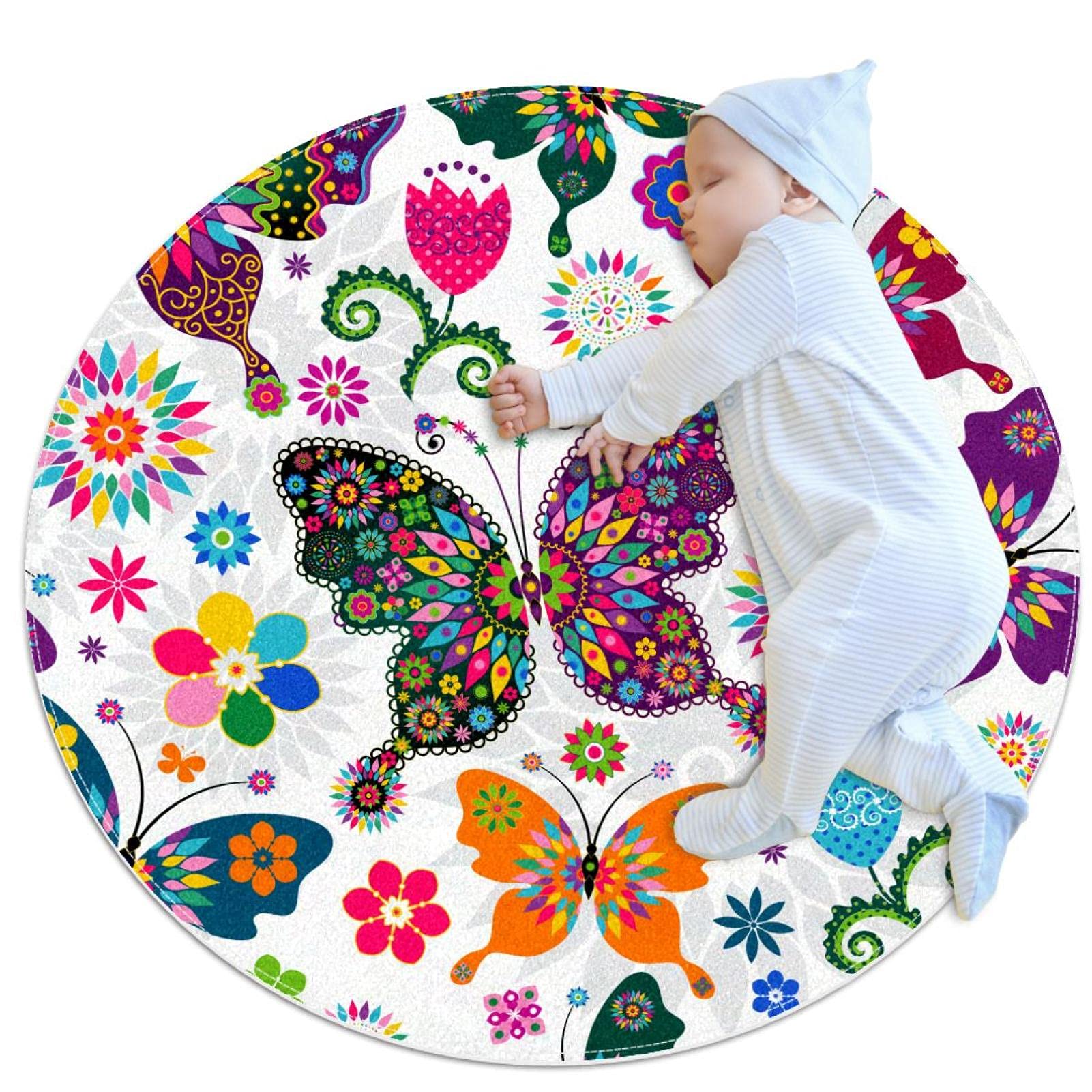 Tapis de salle de bain fleurs colorées rond 1m pour chambre et canapé