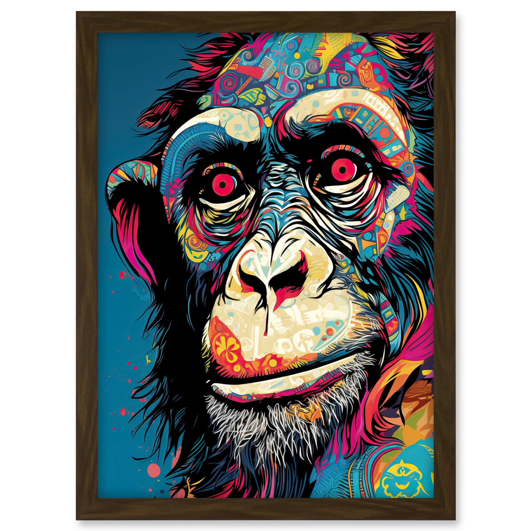 Artery8 Chimpanzee Acrylic Painting Vibrant Psychedelic Pattern Portrait Modern Artwork Framed A3 Wall Art Print