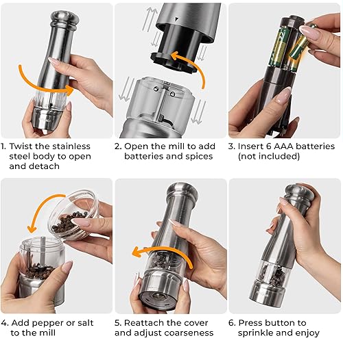 Miniatura 3 de Juego de molinillo eléctrico de sal y pimienta de alta calidad, juego automático de molino de acero inoxidable a pilas con grosor ajustable y luz