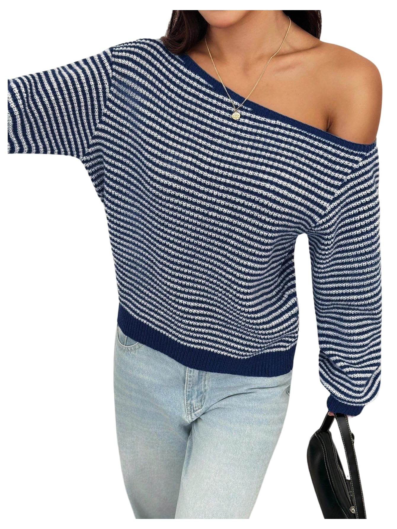 SHENHE Womens Off Shoulder Striped Sweater Casual Long Sleeve Knit Pullover Tops