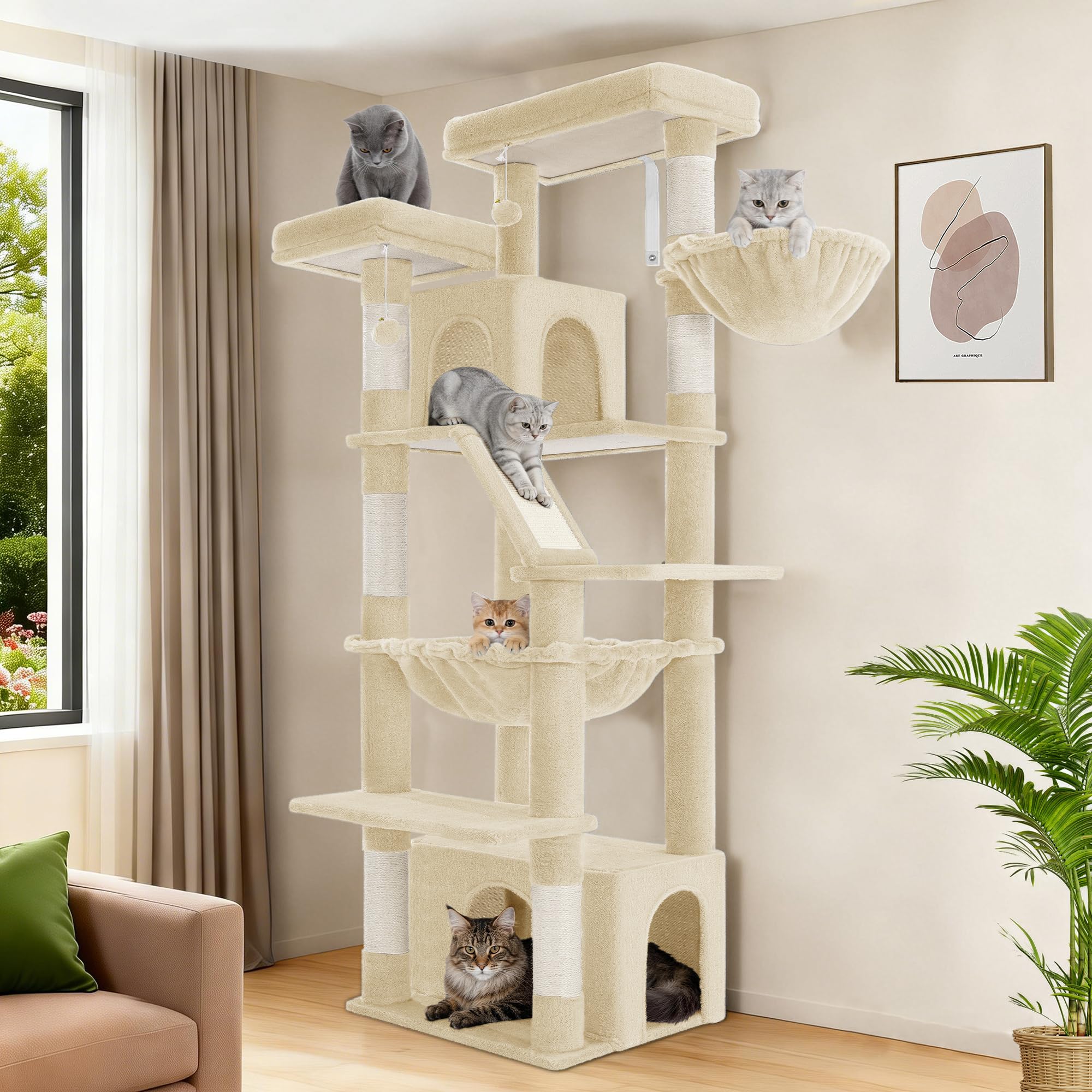 Hzuaneri Large Cat Tree, 183 cm Tall Cat Tower for Indoor Cats Large Cats, Corner Climbing Tower with 6 Sisal Scratching Posts, 2 Large Platforms, 2 Caves, Hammocks, Stairs, Beige MS18318YL