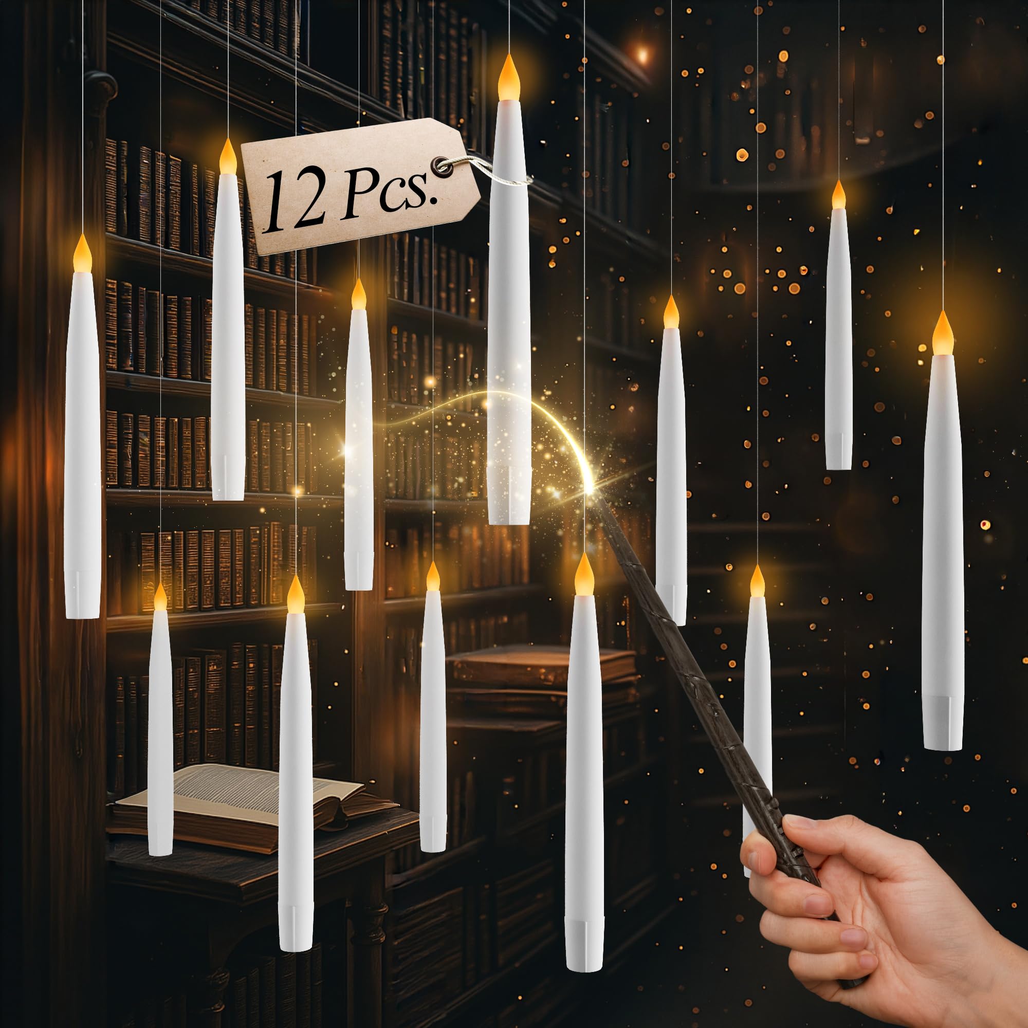 Comforder White Floating Candles With Magic Wand Remote & 6 H Timer – 12 Pack Hanging Flameless Led Flickering Candles – Battery Operated Ceiling Lights For Halloween, Wizard & Party Decor
