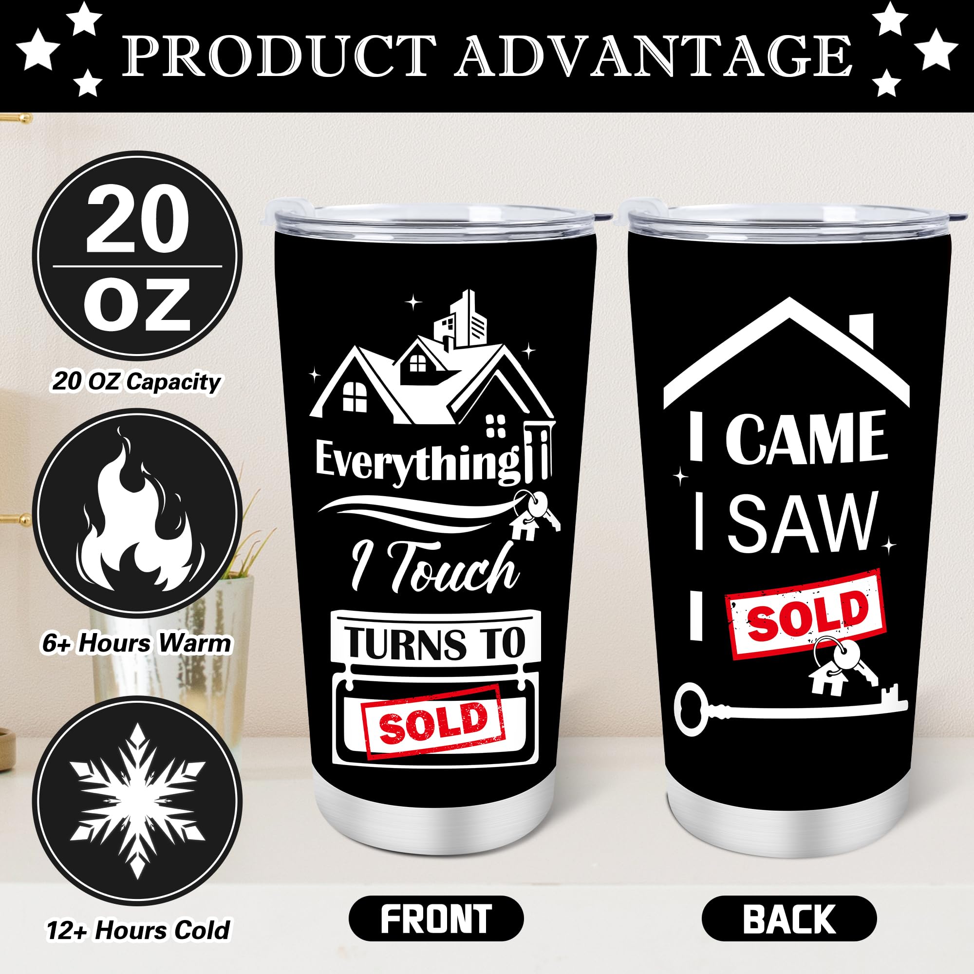 Keluna Realtor Gifts for Women Men - 3Pcs Real Estate Agent Gifts, 20oz Realtors Tumbler with Lid Straw, Keychain, Socks, Funny Christmas Birthday Closing Presents for Real Estate Agent Salesman