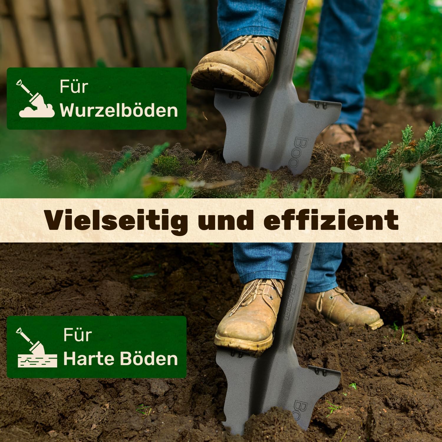 Der stabile Spaten mit Wurzelsäge | Wurzelspaten für das einfache Graben im Garten | Schaufel Garten mit ergonomischem Griff und breiter Trittkante | Gärtnerspaten mit Säge für Harte Böden