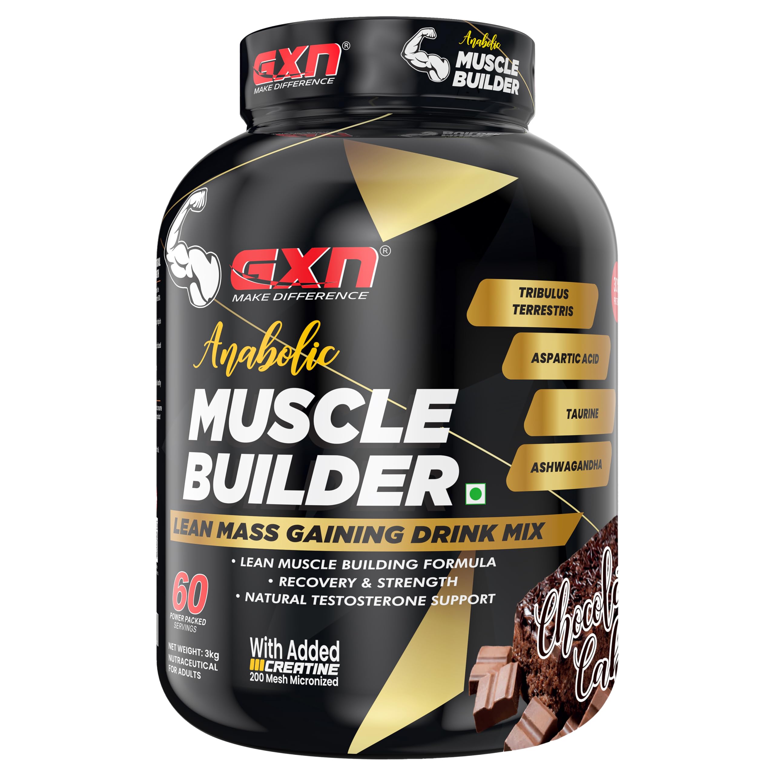 Anabolic Muscle Builder 3 kg | 30% Protein | Whey Protein Concentrate & Soya Isolate | Added T-Boost Blend | Chocolate Cake | Added Digestive Enzymes | 60 Servings