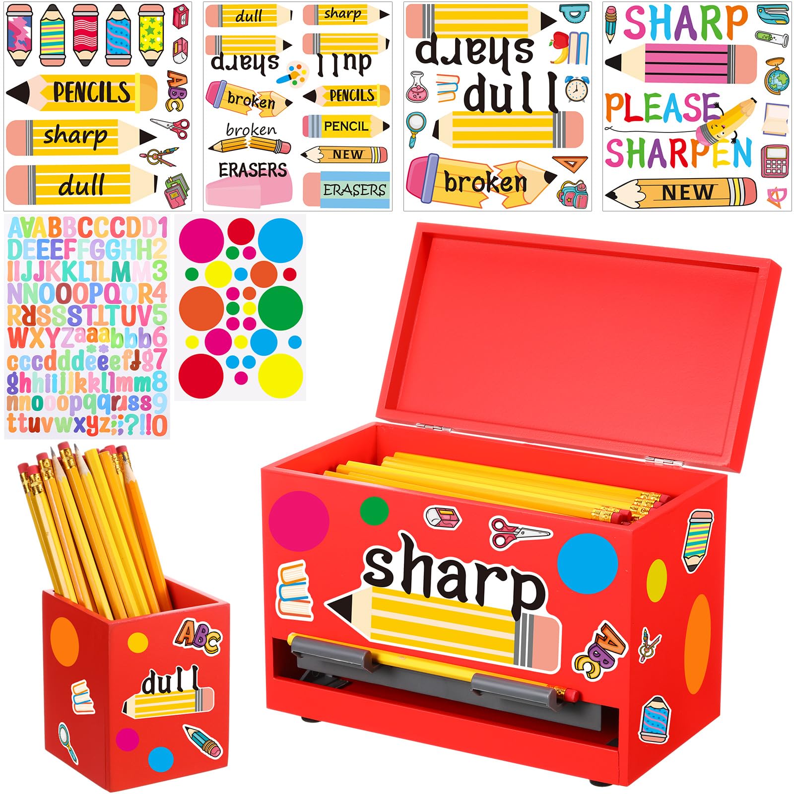 Mifoci Classroom - Dispenser per matite in legno con etichette opache affilate, colore: rosso | Portamatite in legno, dispenser di cannuccia, per insegnanti, forniture per l'organizzazione del rientro a scuola