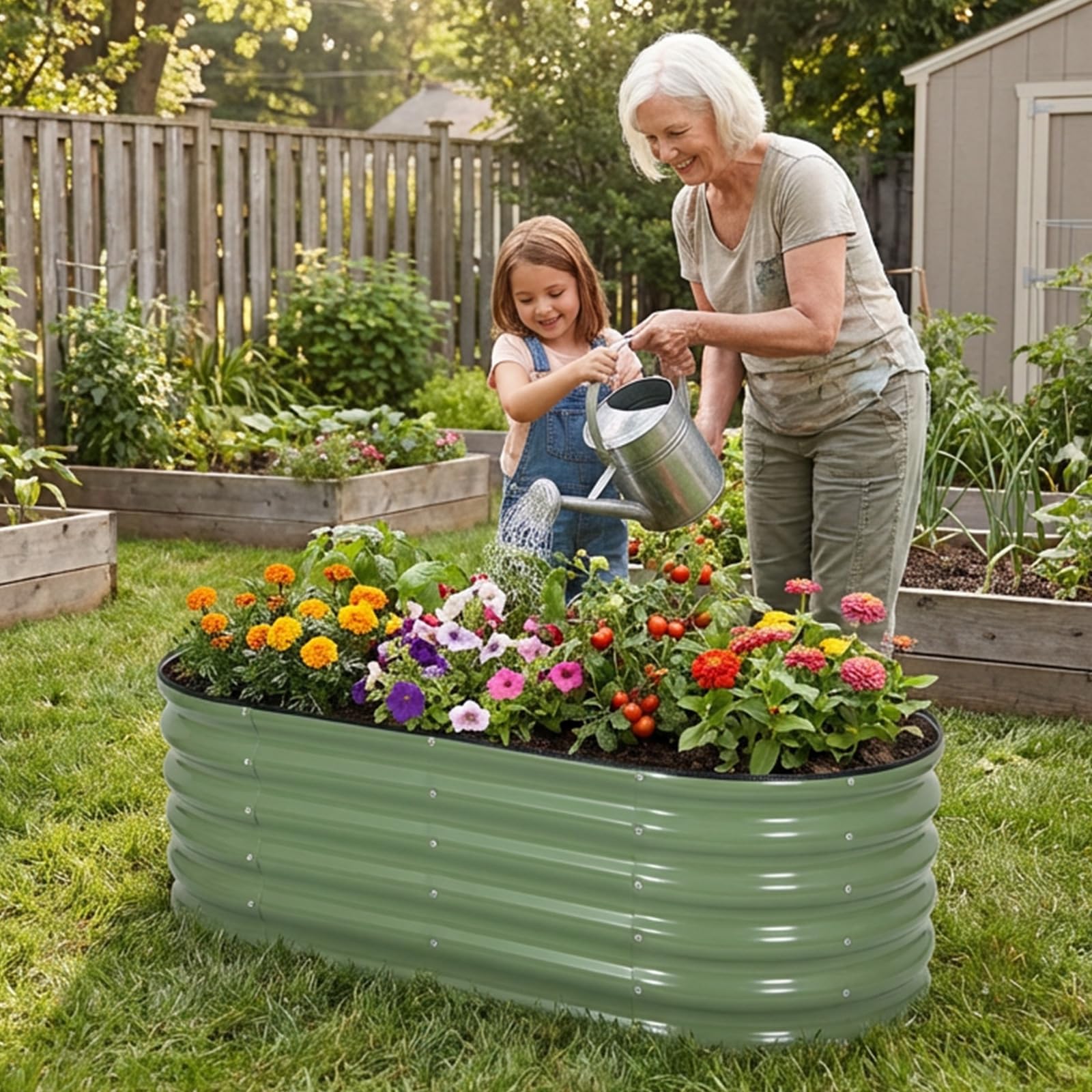 INNO STAGE Jardinière surélevée zinguée pour l'extérieur, jardinières pour jardinage, bac à plantes en métal, jardinière en acier, kit avec gants pour légumes, fleurs, herbes