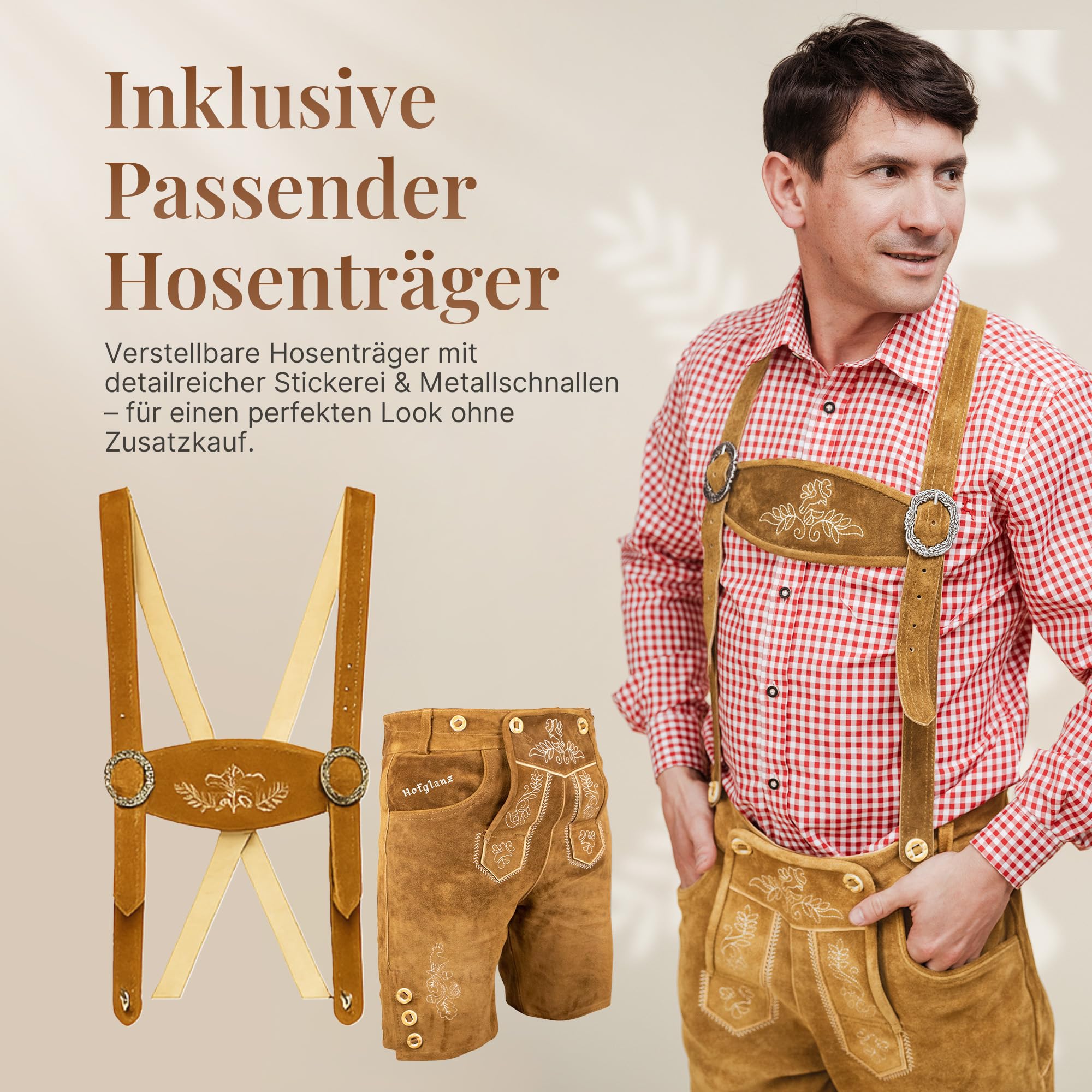 HOFGLANZ® Trachten Lederhose Herren Kurz - Hochwertige Trachtenhose für Herren mit Hosenträgern - Traditionelle Echtlederhose für Oktoberfest Bequem & Robust (Größen 46-58)