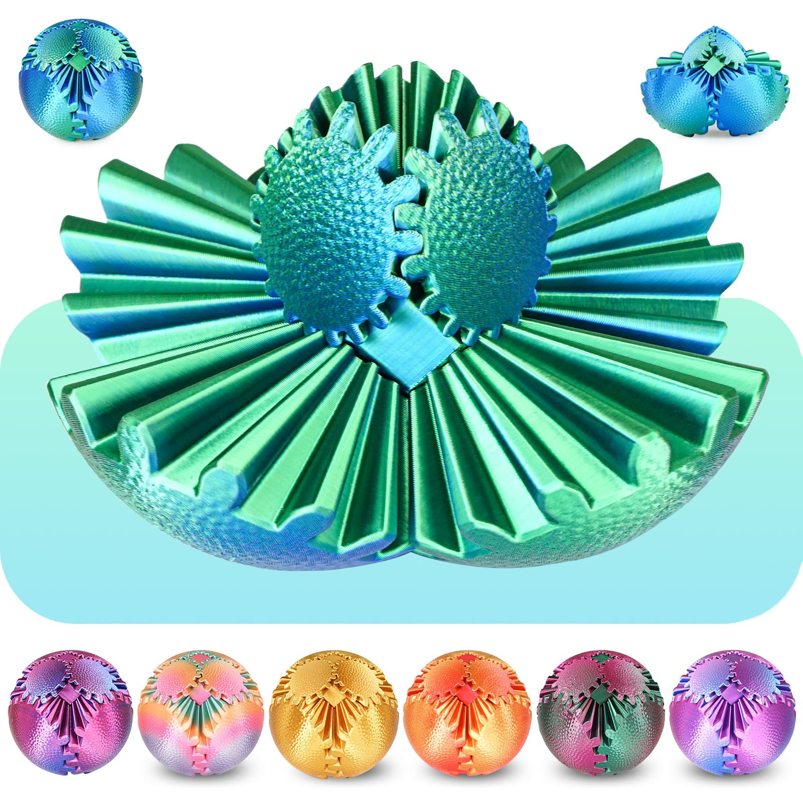 Gear Ball Fidget Toys Steampunk Gear Sphere Stress Relief for Kids Adults 3D Printed Unique Funny Birthday Gift for Christmas White Elephant Stocking Stuffer Easter (Christmas Green, Dia. 2.5″ )