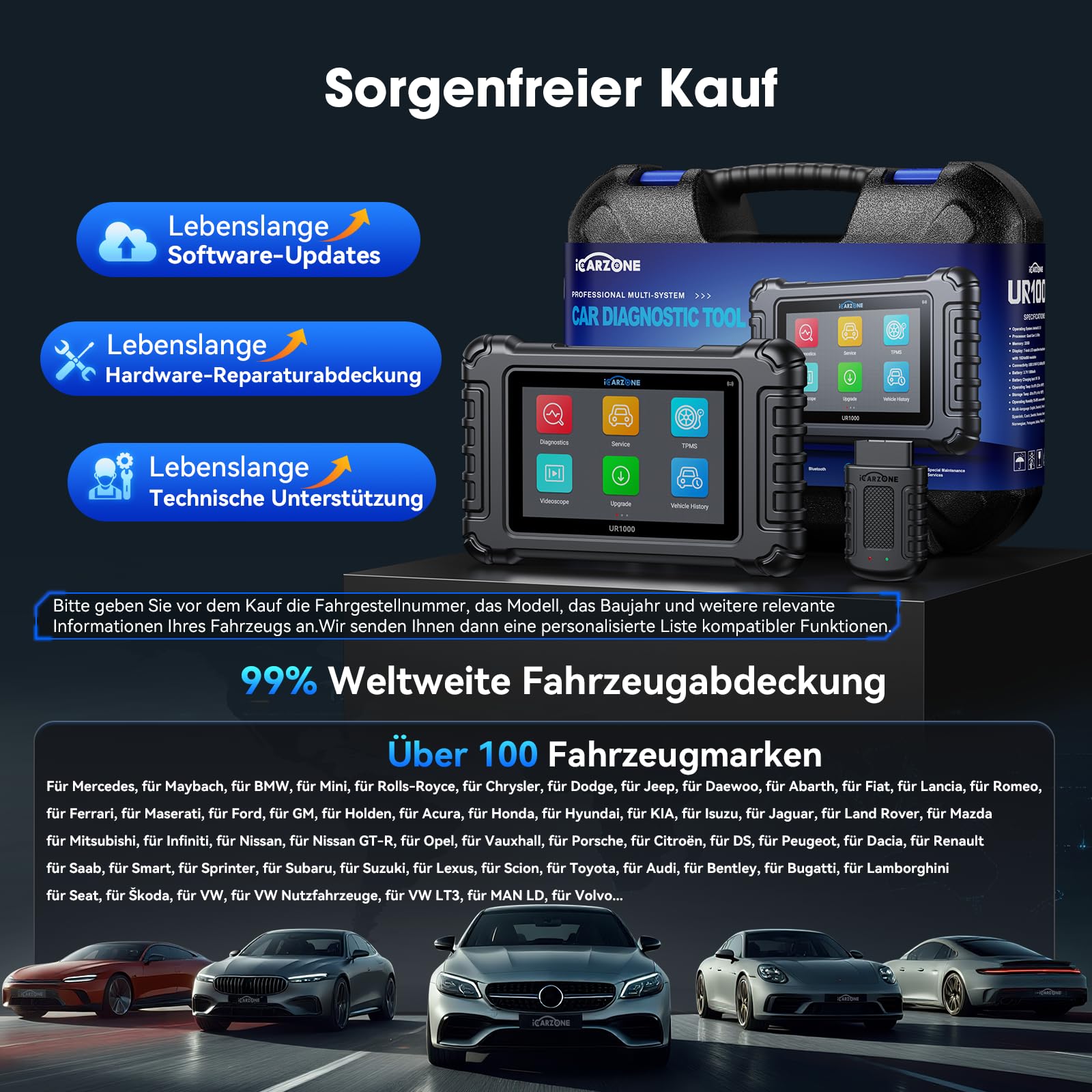 UR1000 OBD2 Diagnosegerät Bluetooth, Auslesegerät Auto mit Alle Systemdiagnosen, 50 Resets KFZ Diagnosegerät, 10000+ Aktivierungstests, ECU-Kodierung, TPMS-Program, CANFD, Online-Updates