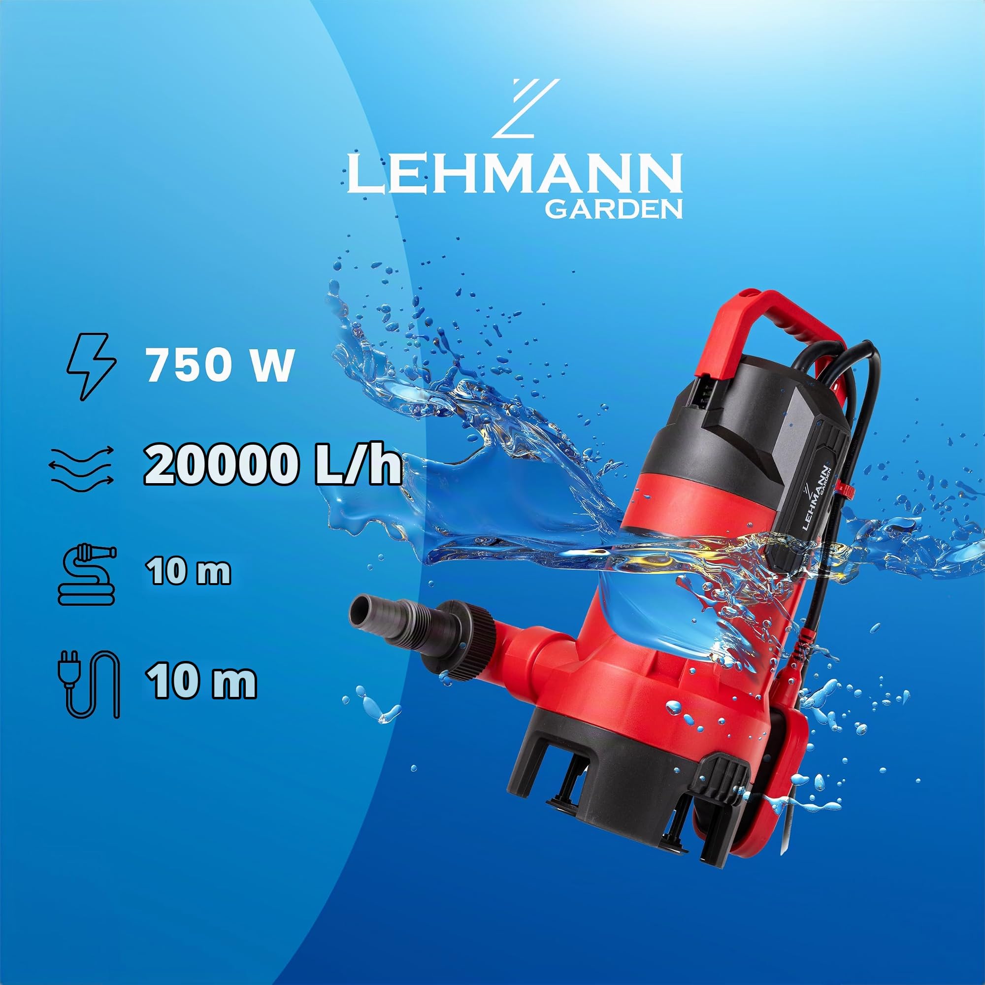 LEHMANN Tauchpumpe mit Integriertem Schwimmer für Schmutz- und Reinwasser, (750 W, Förderleistung 20000 l/h, max. Förderhöhe 10 m), Ø35 mm Partikel, IPX8