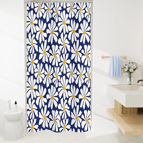 Miniatura 56 de Cortina de ducha floral de margaritas azules, cortina de ducha bohemia con flores de primavera para baño femenino, juego de cortina de ducha moderna