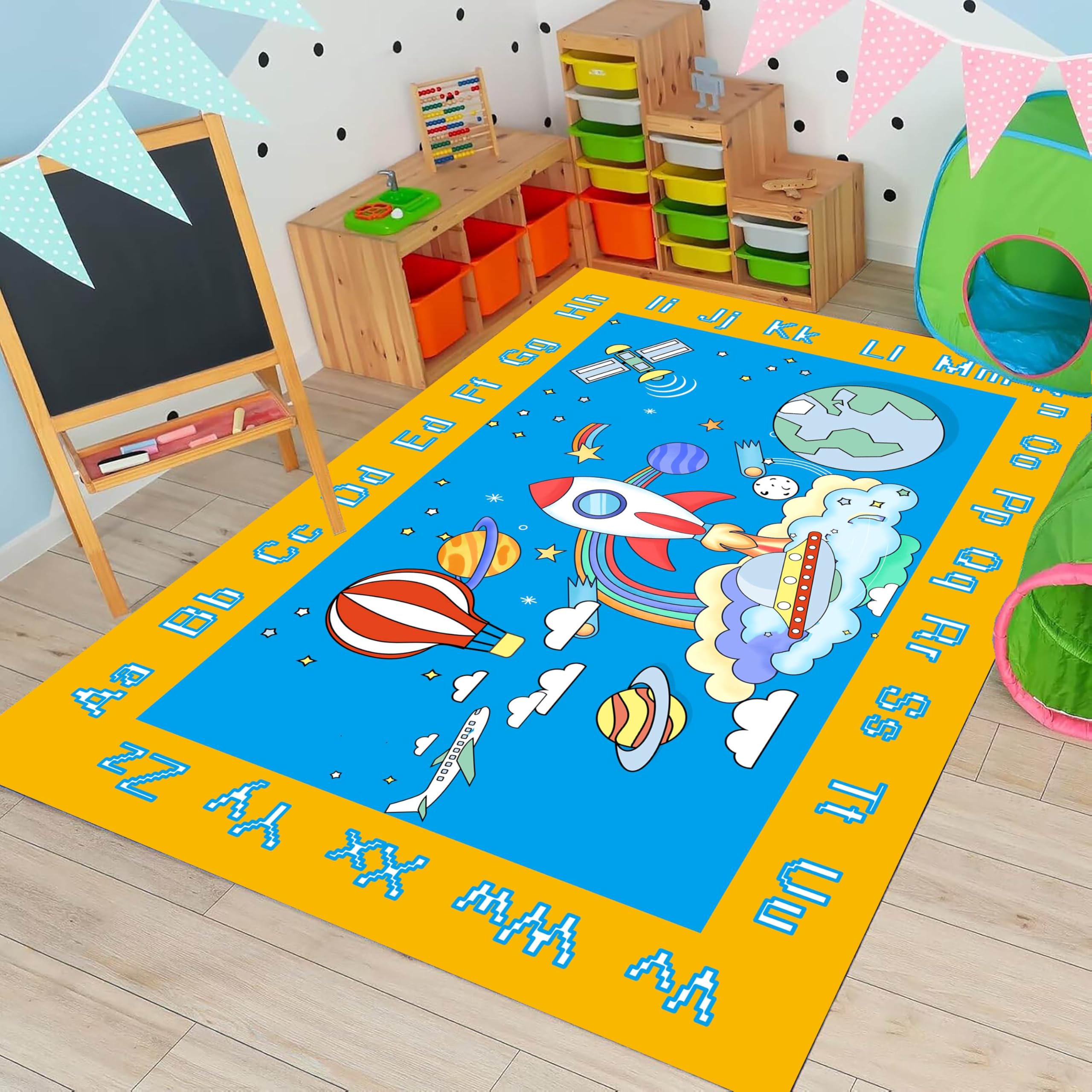 USHIRUG Alphabet Area Rug, 180x230cm Space Planet Rocket Airplane Rug, Kids Bedroom Educational Learning Play Rugs, Non-Slip Washable Soft Blue and Yellow Carpet for Living Rooms Bedrooms Playrooms