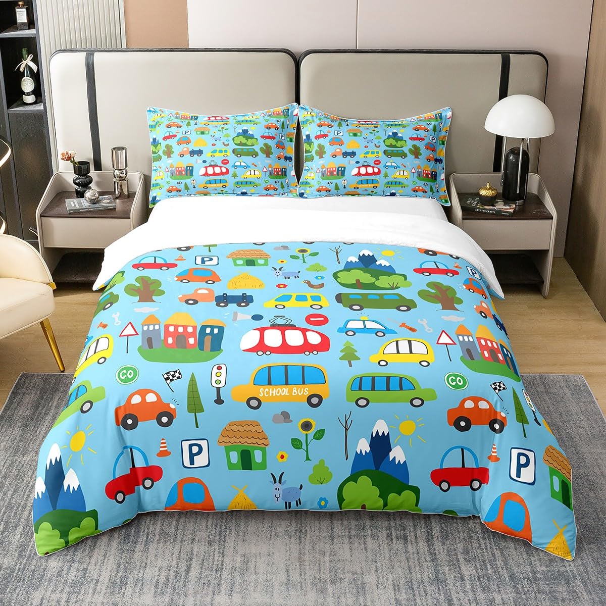 richhome 100% Cotton Traffic Cars Duvet Cover,Cute Farm Animals Green Trees Bedding Set for Kids Adult Room Decor Double Size,Watercolor Bus Fire Truck Comforter Cover 3 Pcs with 2 Pillowcases