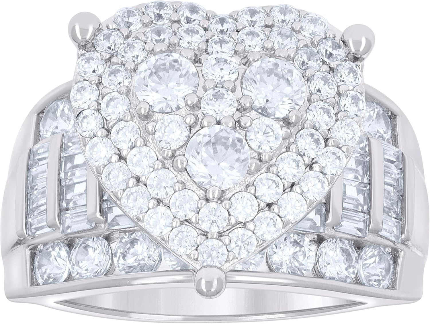Jewels By Lux Sterling Silver Women's Baguette Round Cubic-Zirconia Heart Bridal Anniversary Wedding Engagement Band Ring