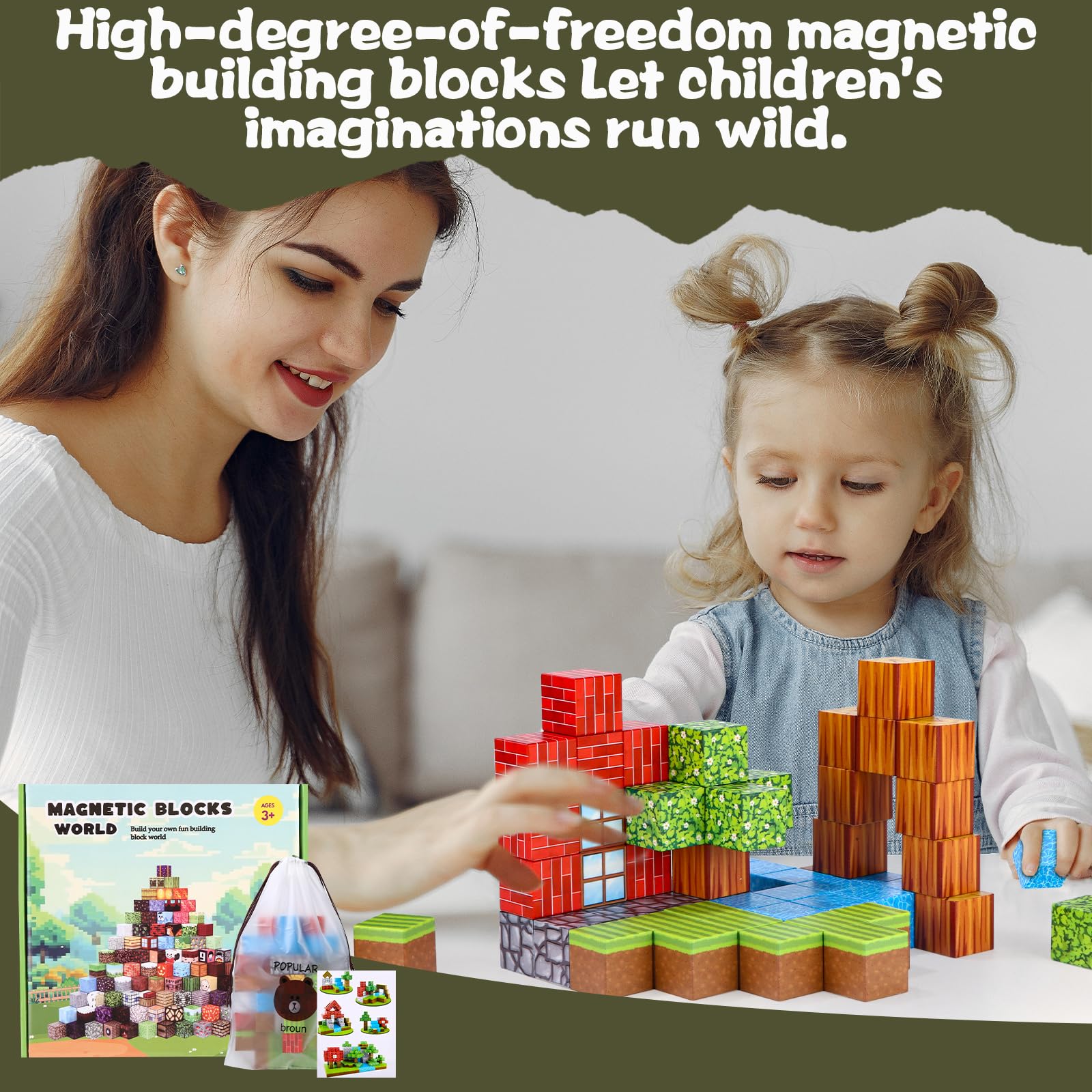 64 Stuks Magnetische Bouwstenen voor Kinderen, Boswereld Bouwset, Montessori Zintuiglijke Kubus voor Peuters, Magnetische Verjaardagscadeaus voor Jongens en Meisjes van 3-10 jaar