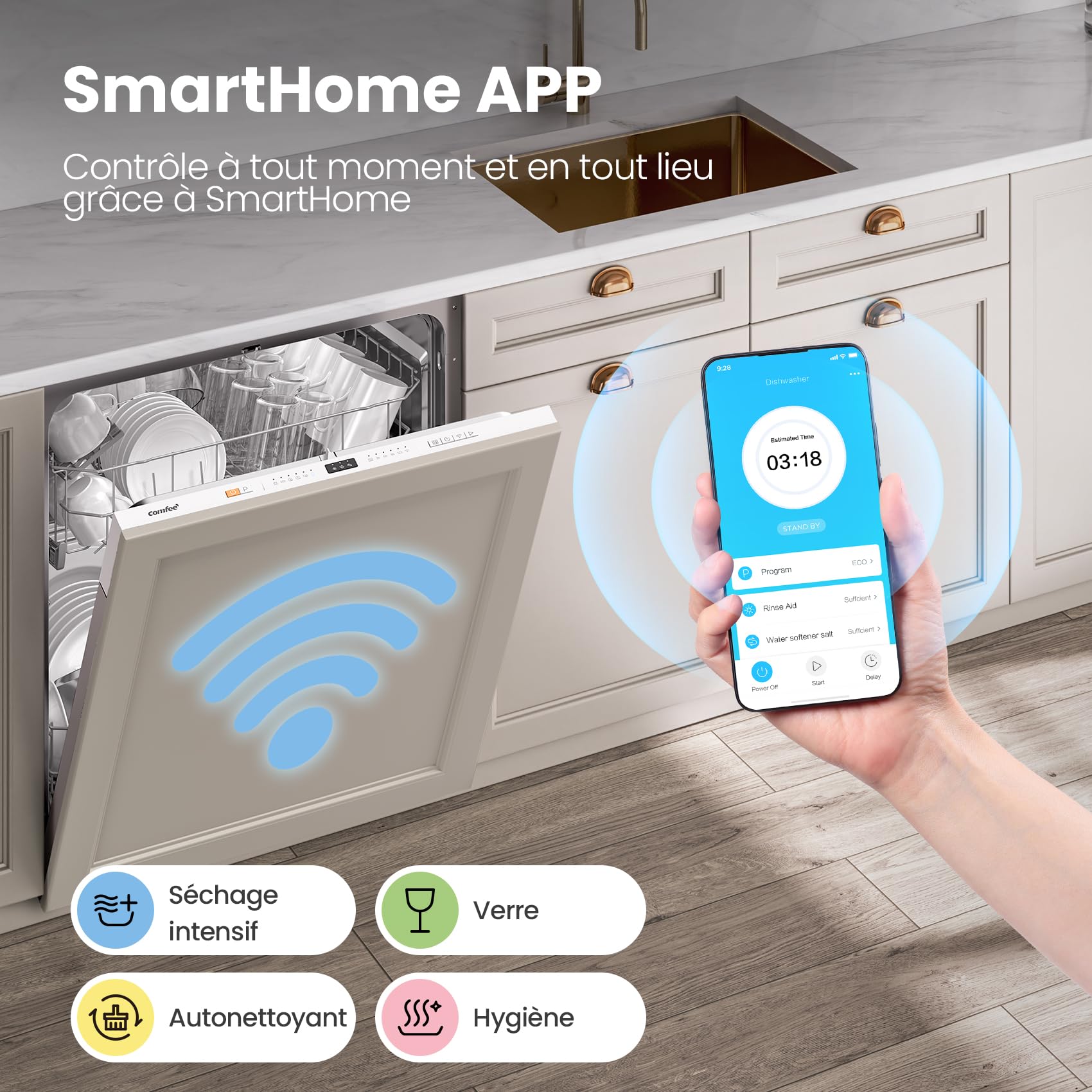 COMFEE' CDWPB1215PB-EU Built-In Dishwasher, 12 Cutters, 60 cm, WiFi | IoT Function, Cloud Wash, Quick Wash 30 min, Extra Dry, Delayed Start, 47 dB, White