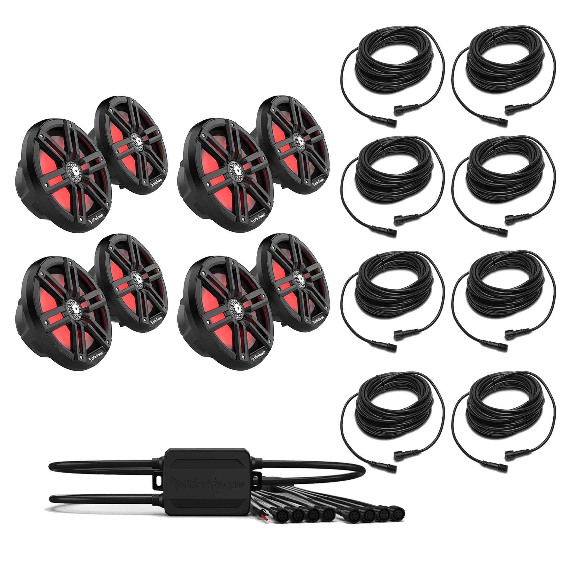 Rockford Fosgate 4 Pair M2-8HB M2 Series 8" Horn Marine Black & Stainless Grilles Included + (1) PMX-RGB Optix Light Controller + (8) RGB-25 25' Extension Cable