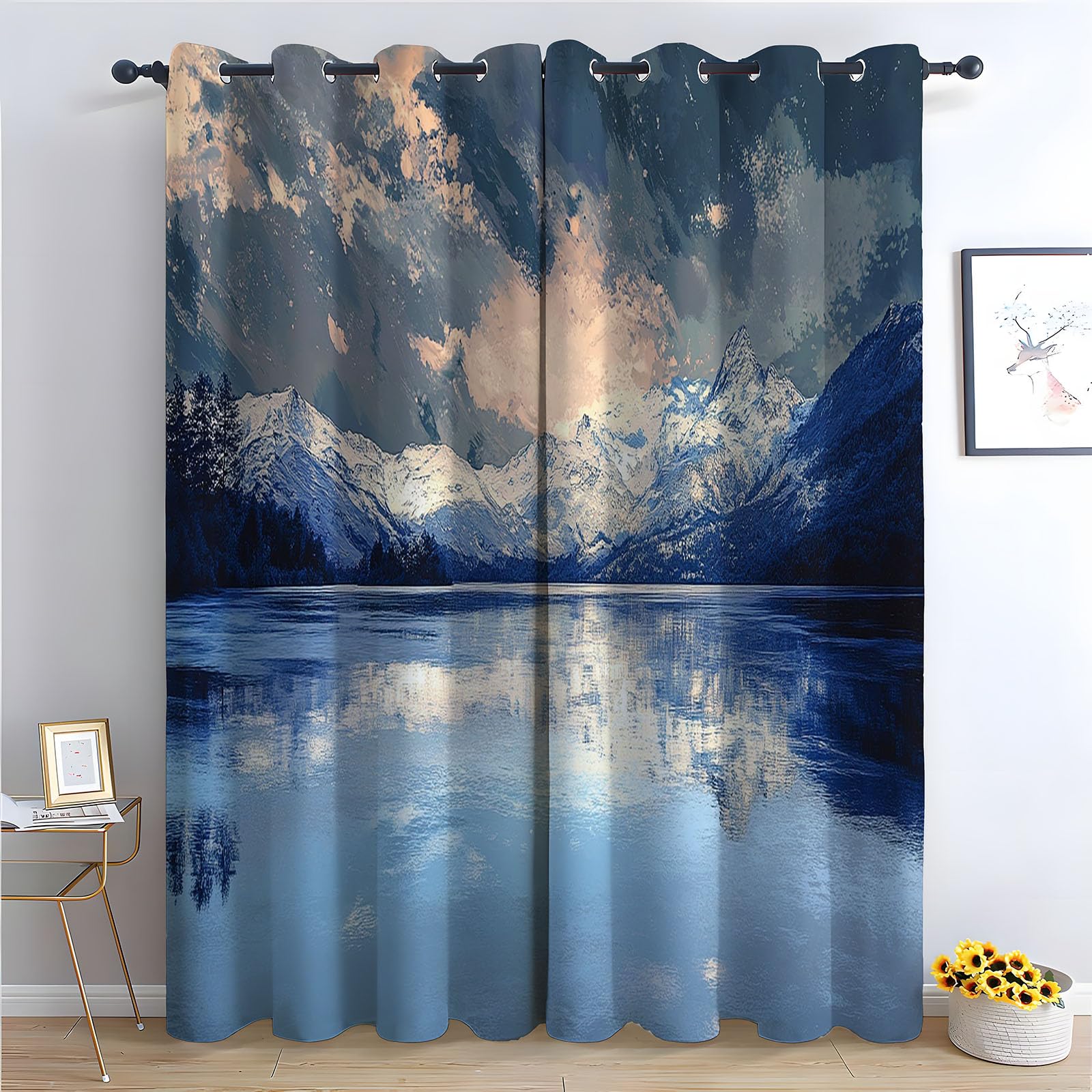 WQBQKKX Blackout Curtains & Drapes Landscape Living Room & Bedroom Decor Drapes, Thermal Insulated Eyelet White Window Treatments-52 W x 96" L (Pack of 2)