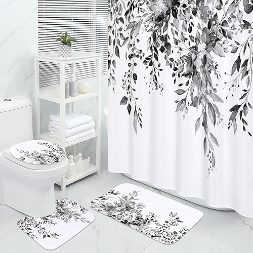 MitoVilla Juego de 4 piezas de baño de eucalipto negro con cortina de ducha y alfombras, modernos juegos de cortinas de ducha con alfombras para