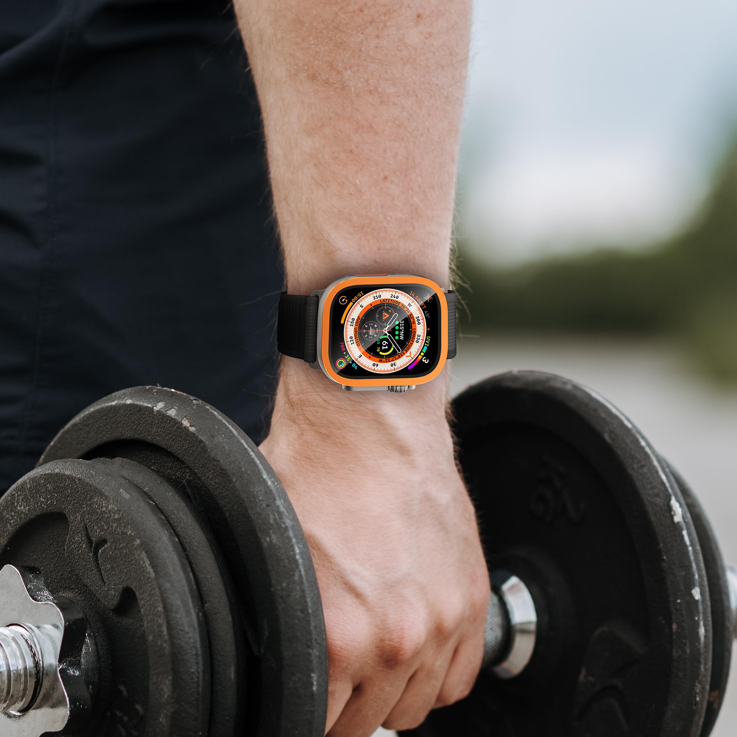 SWUU Paquete de 2 fundas de metal resistentes compatibles con Apple Watch Ultra de 49 mm con protector de pantalla de vidrio templado, naranja y titanio